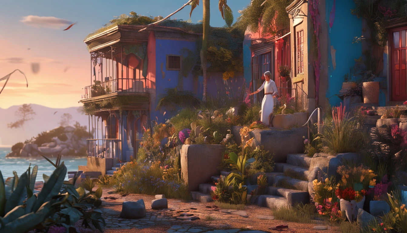 moses, com farrapos vermelhos, conversando com Maria Madalena, com vestido azul celeste, em frente a uma casa de madeira arte oficial, arte de jogo 2d, 4k, detalhado