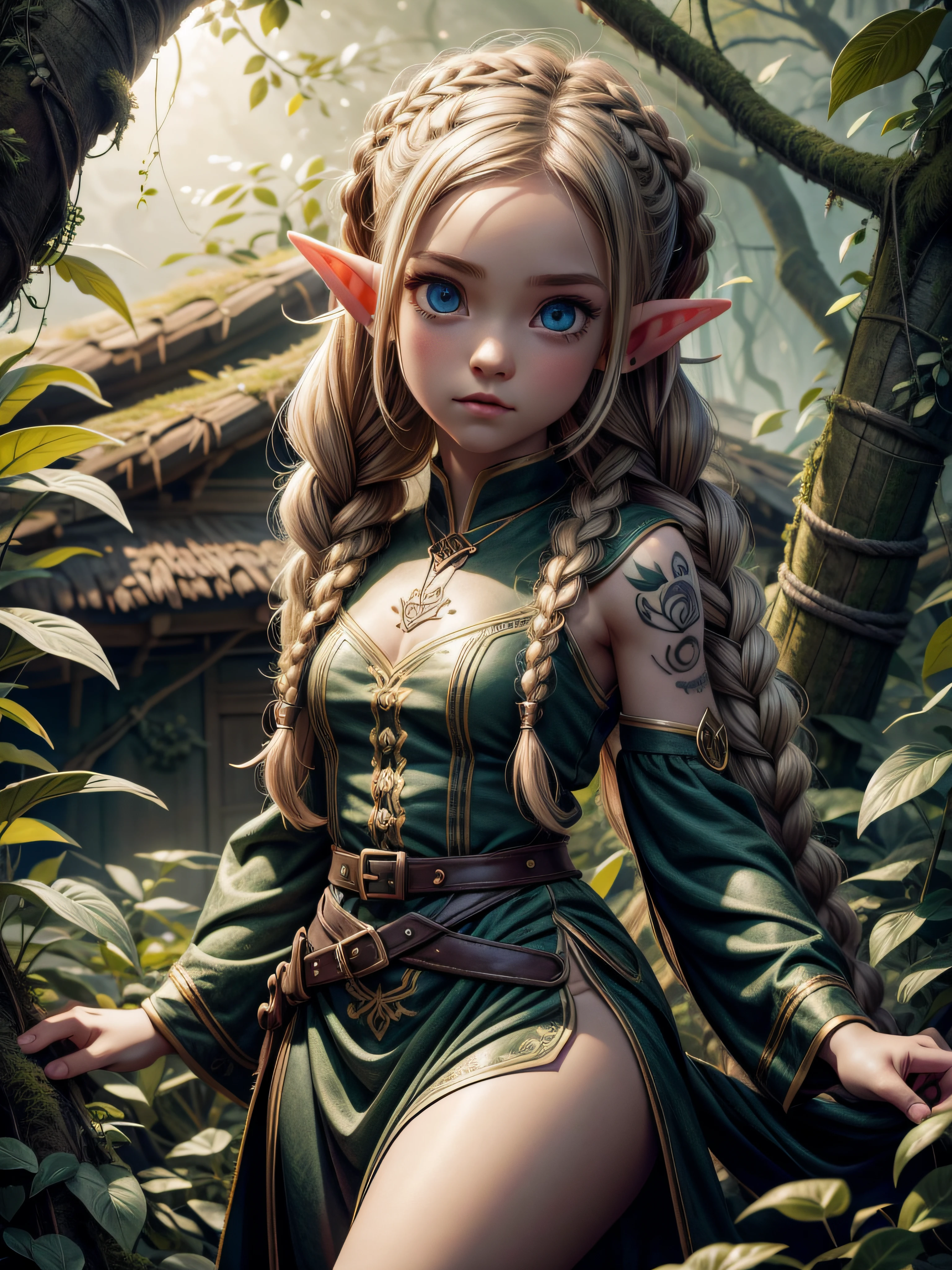 female cute elf, (anatomical biometrical hands), in a jungle, two braid hair, ((wearing elf dress)), cute face, full body, looking back (hyper detailed eyes, hyper detailed face), 16k, 8k, RAW photo, best quality, masterpiece, high detail RAW color photo, dramatic lighting, cinematic lighting, back light, professional lighting