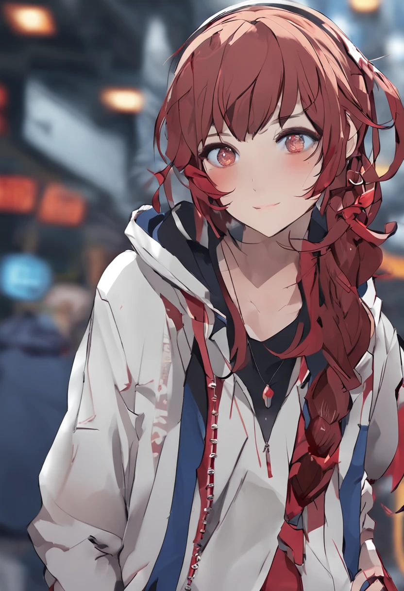 8K, Super detail，Best quality, hyper HD, Textured skin, Masterpiece，River side,The upper part of the body, Disheveled hair, 1 girl,Young girls,Red eyes,Brown hair,short detailed hair,Black hoodie,flat breast,Single blue bracelet