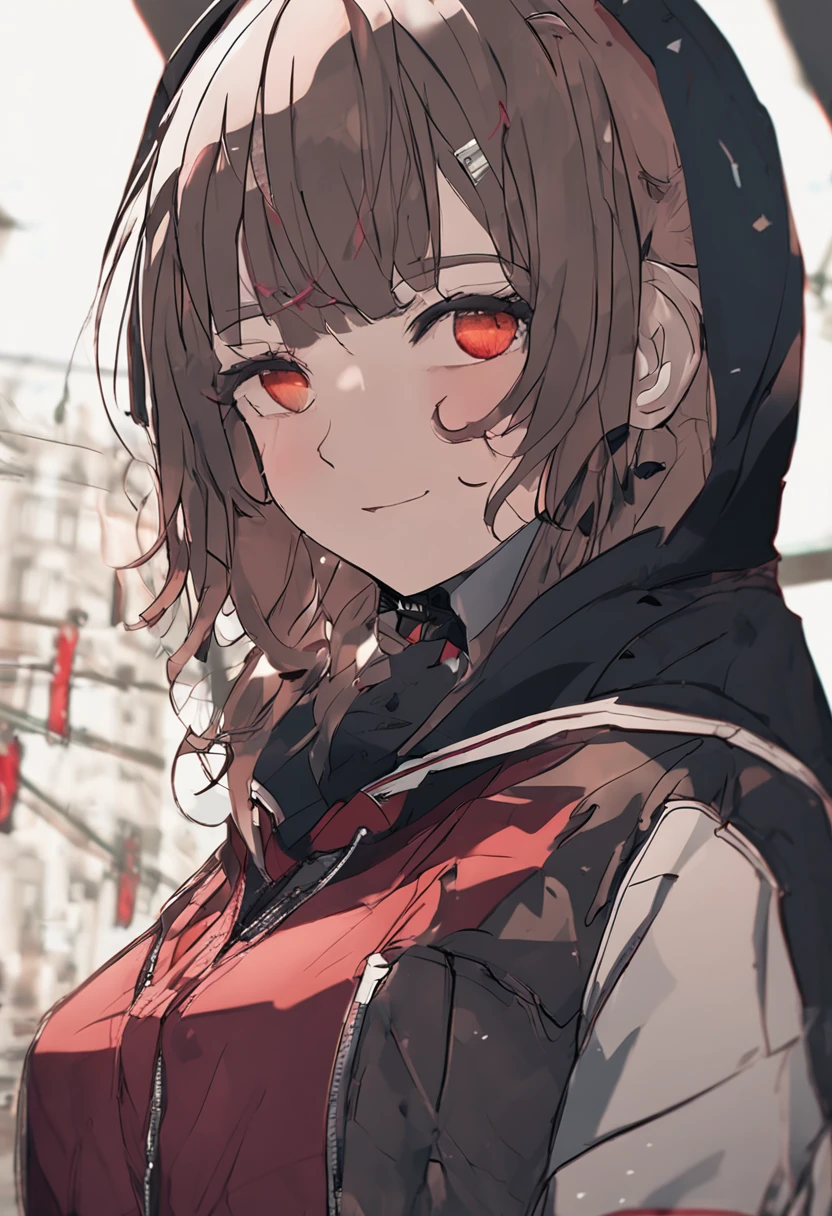 8K, Super detail,Best quality, hyper HD, Textured skin, Masterpiece,River side,The upper part of the body, Disheveled hair, 1 girl,Young girls,Red eyes,Brown hair,short detailed hair,Black hoodie,flat breast,Single blue bracelet
