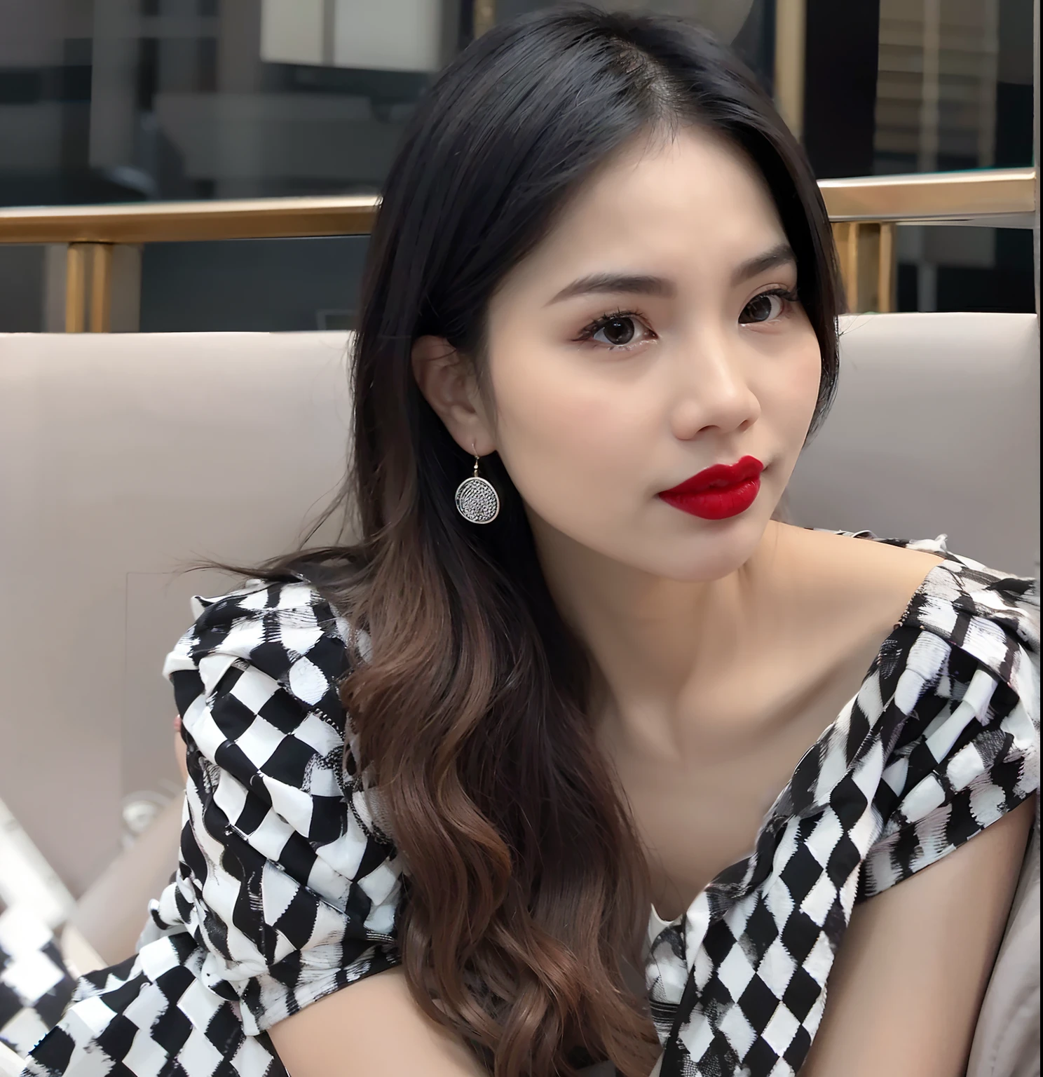 there is a woman with a black and white checkered shirt and a red lipstick, mai anh tran, profile image, headshot profile picture, dang my linh, professional profile picture, with round face, 2 7 years old, 2 8 years old, south east asian with round face, nivanh chanthara, 30 years old woman