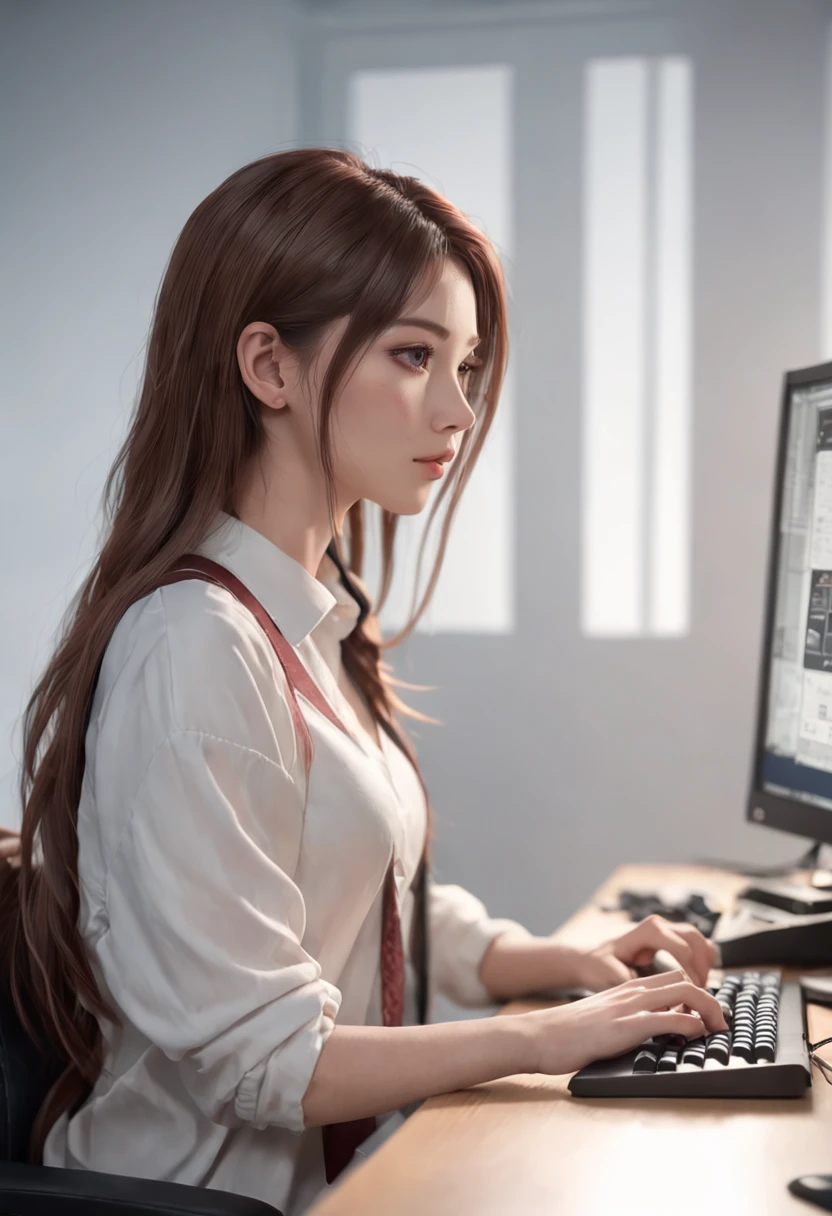 There was a woman sitting at a computer desk,Looking at the computer,down view,down view,4/3 side faces,Side face holding the keyboard, Realistic art style, Digital anime illustration, realistic anime artstyle, Photorealistic art style, Digital anime art, Realistic anime 3 D style, realism art style, cartoon digital painting, Realistic schoolgirl, digital character illustration, anime realism style, Realistic young anime girl, digital cartoon painting art, digital manga art