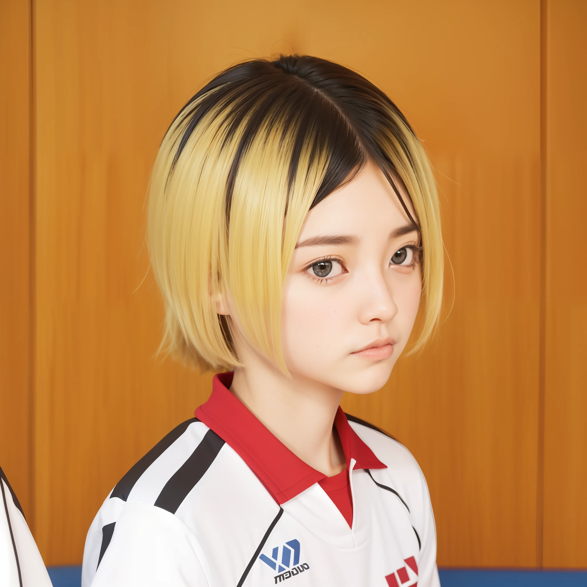 ((fully clothed))high res, masterpiece,Kenma Kozume, ((1boy,)) ((1man)), black_hair (blonde_hair) looking_to_the_side male_focus multicolored_hair,solo sportswear sweat sweatdrop twitter_username tying_hair upper_body volleyball_uniform yellow_eyes, realistic,ultra details ,detailed background, bright,70mm lens,