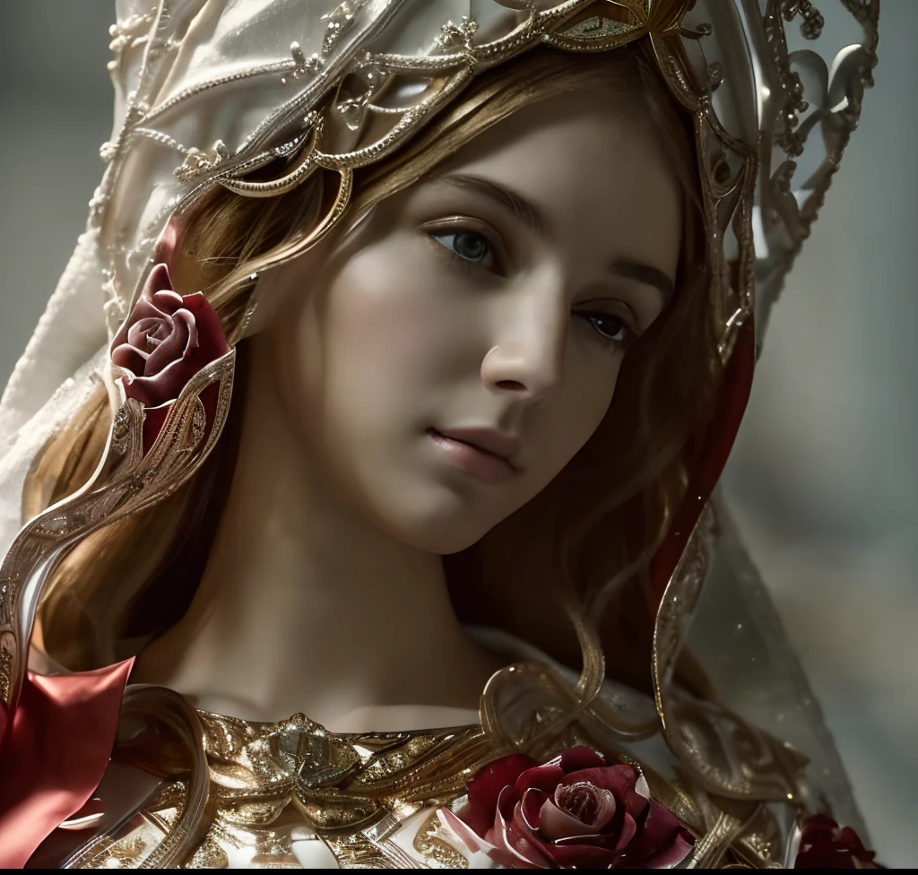 (((Saint Virgin Mary. 19 years olinetic style))) ((( Con una cara seria y piadosa. Con una mirada dulce y tierna))) (obra maestra, calidad superior, mejor calidad, arte oficial, beautiful and aesthetic: 1.2), (1girl), extremadamente detallado, (Arte fractal: 1.3), colorido, highest detailed, Cara perfecta, parte superior del cuerpo, HDR, (orando: 1.3), (golden lines of white coat: 1.2), galaxia, (rayas de luz), eye-catching visuals, (dynamic stripes, senderos luminosos: 1.2), colores vibrantes,