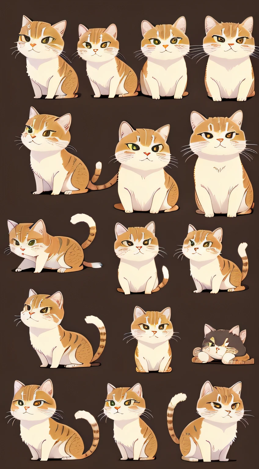 Gatos fofos, gato de coleira, multiples poses and expressions, corpo inteiro, ficha de personagem, estilo Ghibli, livro infantil, various angles, Illustrations, para colorir