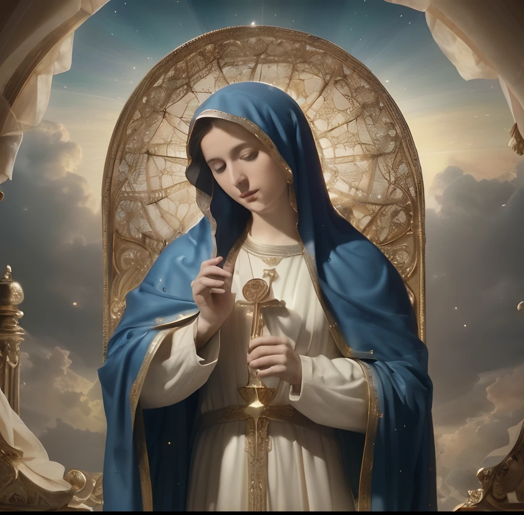 (((Saint Virgin Mary. 19 years olinetic style))) ((( Con una cara seria y piadosa. Con una mirada dulce y tierna))) (obra maestra, calidad superior, mejor calidad, arte oficial, beautiful and aesthetic: 1.2), (1girl), extremadamente detallado, (Arte fractal: 1.3), colorido, highest detailed, Cara perfecta, parte superior del cuerpo, HDR, (orando: 1.3), (golden lines of white coat: 1.2), galaxia, (rayas de luz), eye-catching visuals, (dynamic stripes, senderos luminosos: 1.2), colores vibrantes,