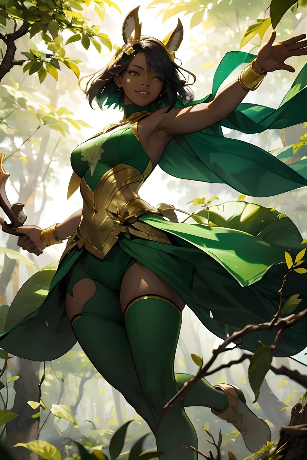 fantasy, 1forest_elemental_girl, fighting, (using_leaves_clothes, green_leaves_covered_breasts, leaves_covered_pussy)+++,medium_breasts,dynamic_pose_standing, light_smile, sleepy, medium_hair, navel,(dark_skin)+, oil, (winding_vine_around_torso)++, plump,forest, trees_background, leaves_headgear, green_leaves_cape, hold_large_long_staff, thighhighs,