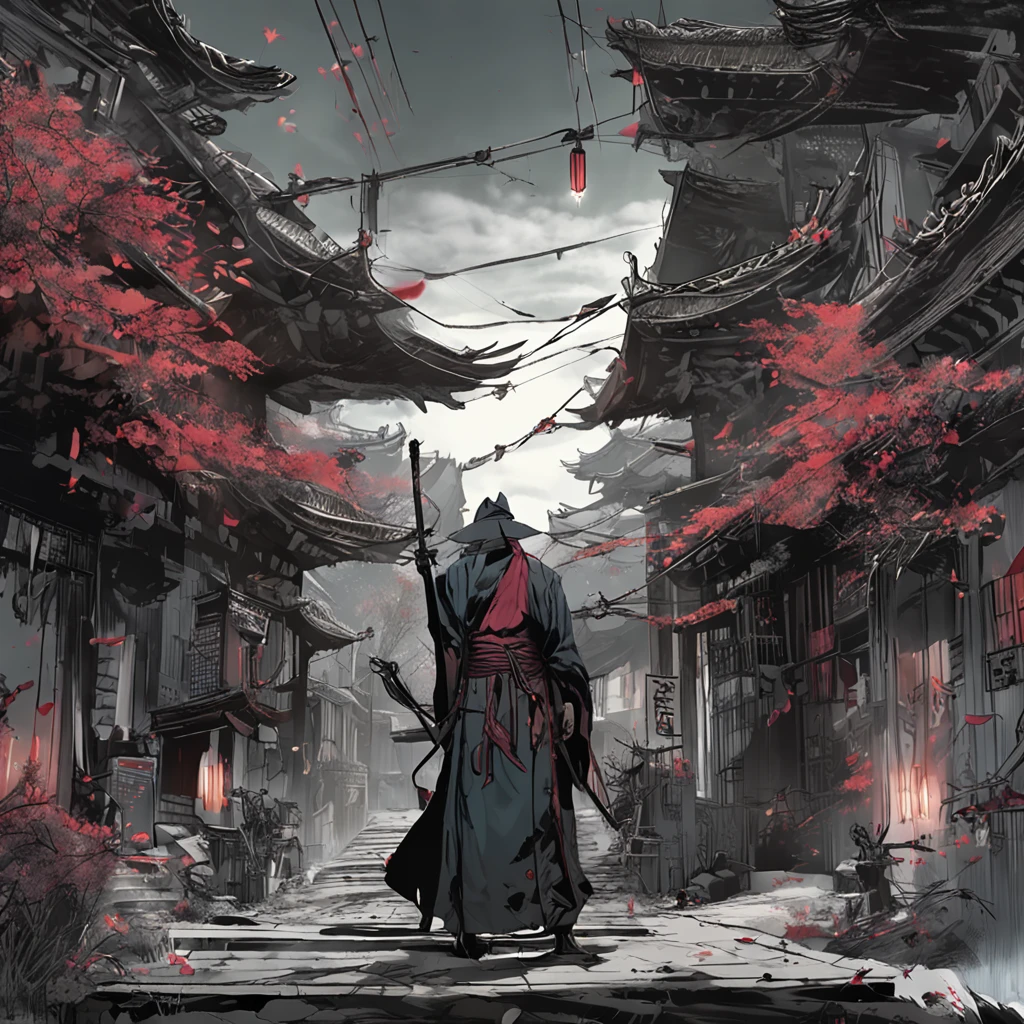 Post-apocalyptic wars, Shades of white, Nero, Red and rust color, survivor, vegetation, shadowing, Gloomy atmosphere, darkly, ((natta)), The breadth of the landscape, book cover,Wasteland,Japanese style,Japan architecture,ruined architecture,Japan architecture,samurais,Samurai of Japan,eastern style,lamplight