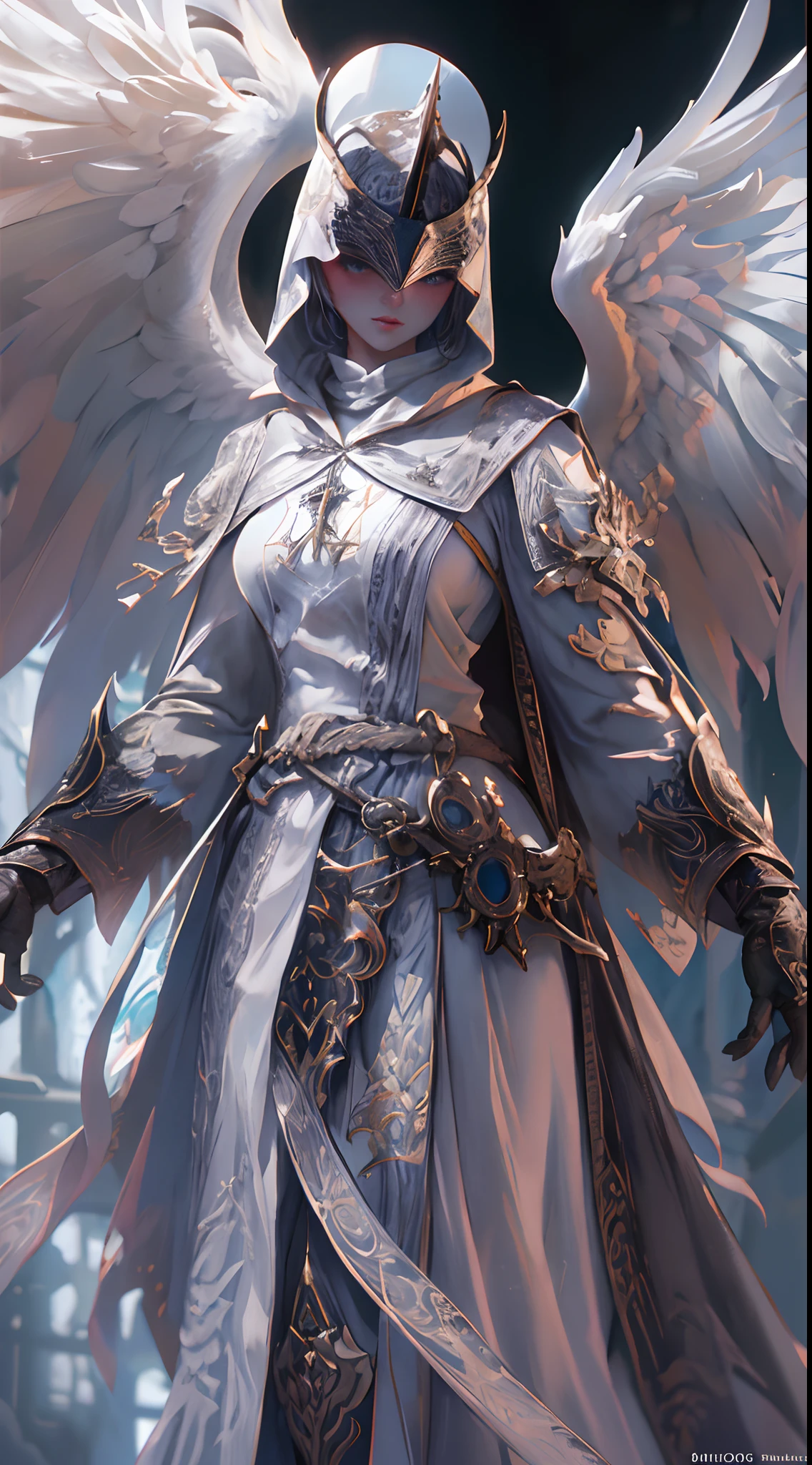 Archangel with white mask stunningly beautiful, Eldon ring, Bloodborne, Full body portrait, Sharp shots, Professional photography, 70mm lense, Meticulous love, Good quality, Unreal Engine 5, the wallpaper, Colorful, Very detailed, 8K, Soft light, Realistic photo