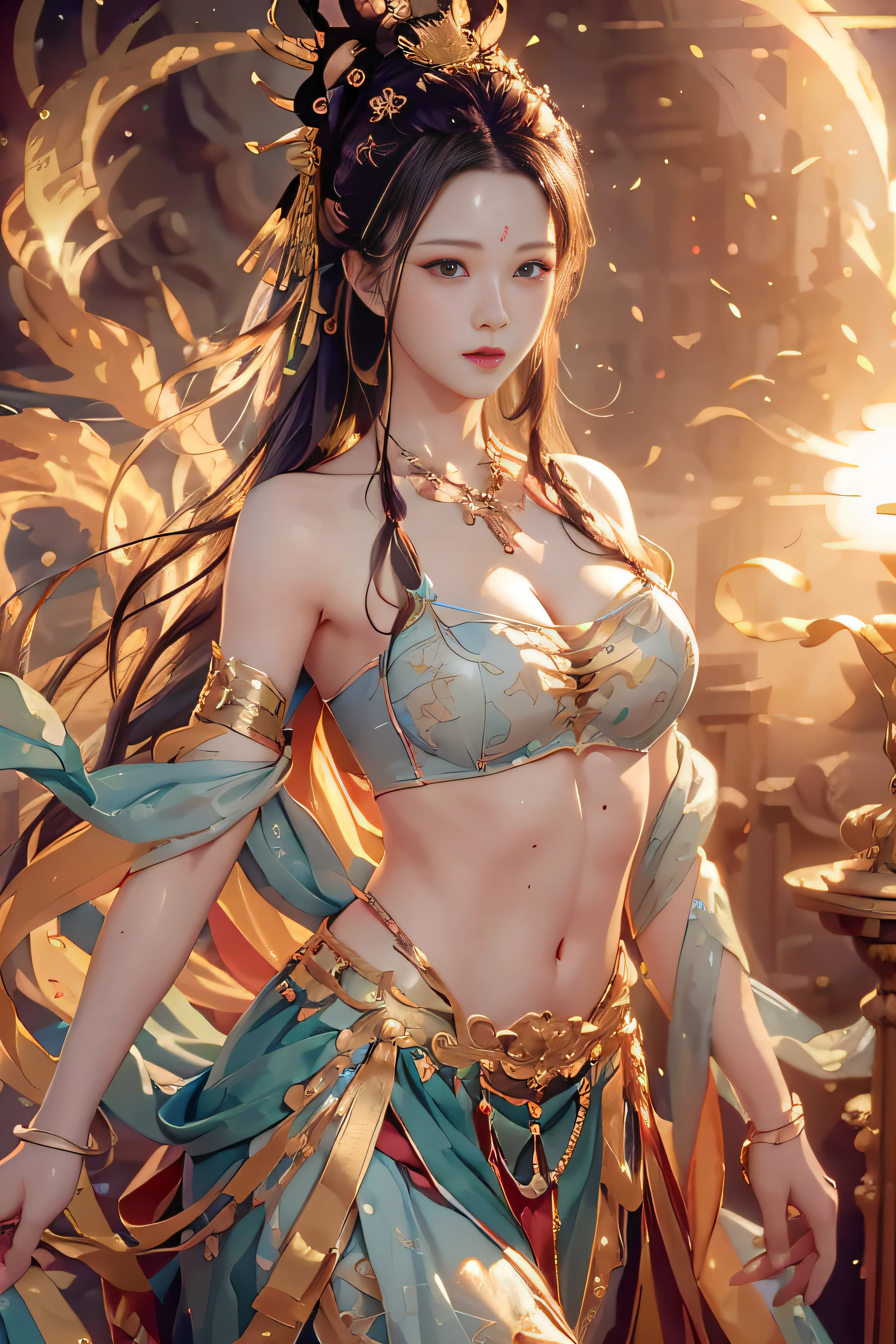 (RAW photo, Best quality), (Realistic, photo-realistic:1.3), Highly detailed, Ultra-detailed, Small bra B cups，1girll, Dynamic Angle, world mastery theater, Messy_Long_Hair, extremely detailed CG unity 8k wallpaper, ink, astounding, 电影灯光, lens_flare, dunhuang_Style, (big breasts beautiful+fanciful), (8k wallpaper:1.2+8k wallpaper:1.1), (art-style+art work) Perfect facial features, Super realistic, illustration, surrealism, cubismo, Best quality, Masterpiece, Best quality, High details