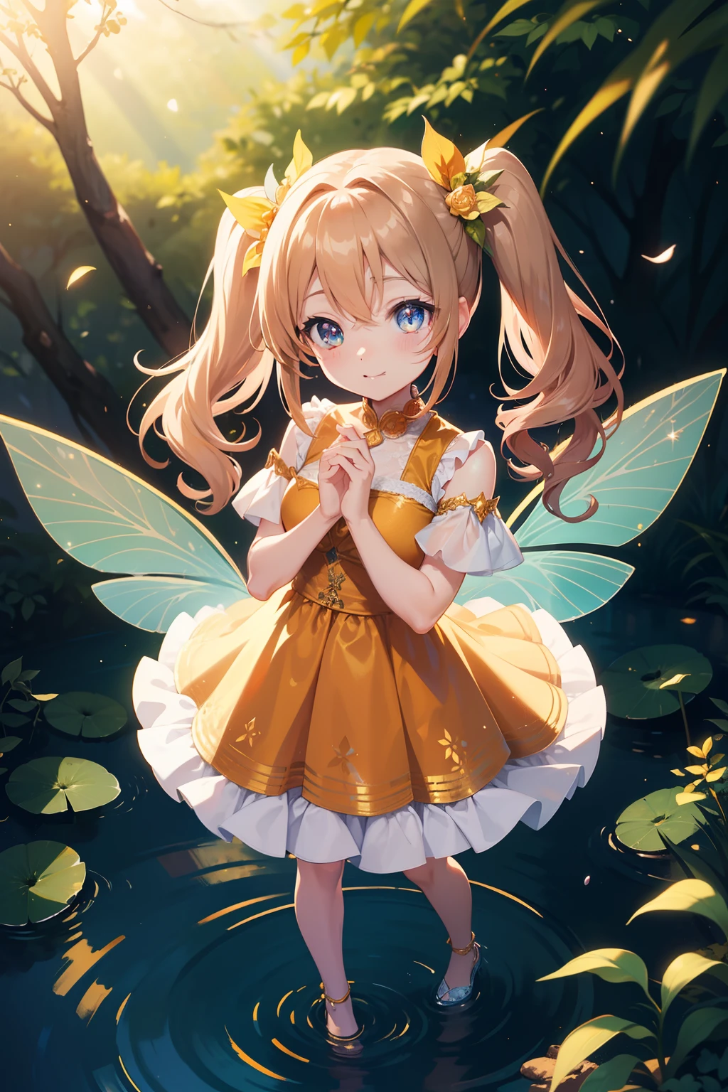 masutepiece, High resolution, 8K, anime woman, Delicate and detailed writing 、Detailed digital illustration、(Chibi:1.2)、(masterpiece:1.4)、(top-quality:1.4)、(a very pretty girl、hyperdetailed face、Eyes Like Gems、very long light brown hair、Colorful gradient hair:1.4)、(full body Esbian、Perfect two arms、Perfect two legs:1.4)、(Perfect four fingers:1 thumb)、brilliance、Ultra-fine、Pigtails、细致背景、Fantastical、Underexposed eyes、Fantastic background、eyes large and double,,,,,、Eyes are orange gradients、Sparkly orange pupils、Soothing、Greet with your best smile、Wearing fairy wings made of lace material:1.5、Very beautiful forest background、A lot of animals in the forest、Beautiful lake、stardust、Soft Focus , Light gradient watercolor , Lens Flare , Glitter , Glow , Dreamy , White background