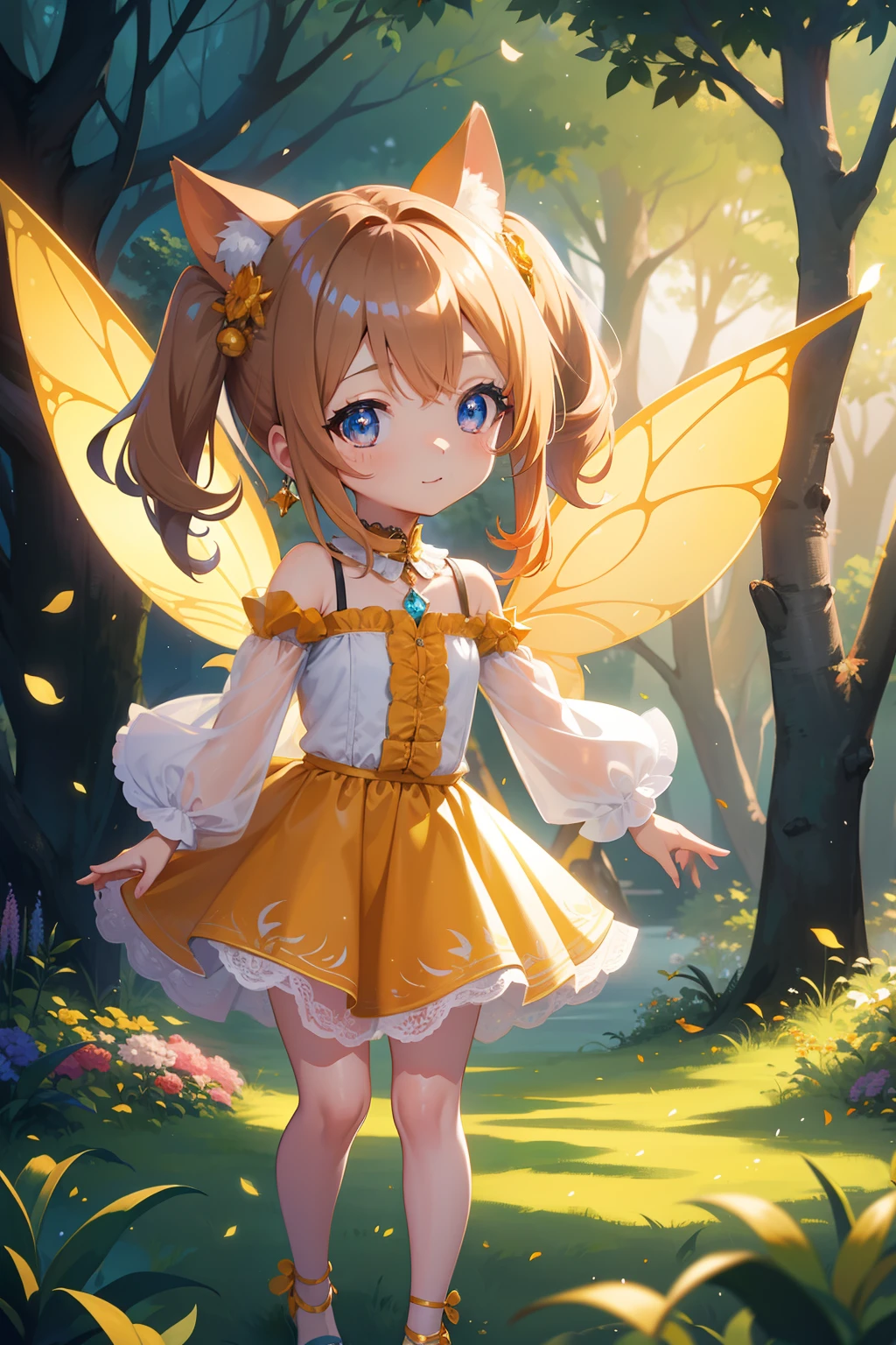 masutepiece, High resolution, 8K, anime woman, Delicate and detailed writing 、Detailed digital illustration、(Chibi:1.2)、(masterpiece:1.4)、(top-quality:1.4)、(a very pretty girl、hyperdetailed face、Eyes Like Gems、very long light brown hair、Colorful gradient hair:1.4)、(full body Esbian、Perfect two arms、Perfect two legs:1.4)、(Perfect four fingers:1 thumb)、brilliance、Ultra-fine、Pigtails、细致背景、Fantastical、Underexposed eyes、Fantastic background、eyes large and double,,,,,、Eyes are orange gradients、Sparkly orange pupils、Soothing、Greet with your best smile、Wearing fairy wings made of lace material:1.5、Very beautiful forest background、A lot of animals in the forest、Beautiful lake、stardust、Soft Focus , Light gradient watercolor , Lens Flare , Glitter , Glow , Dreamy , White background