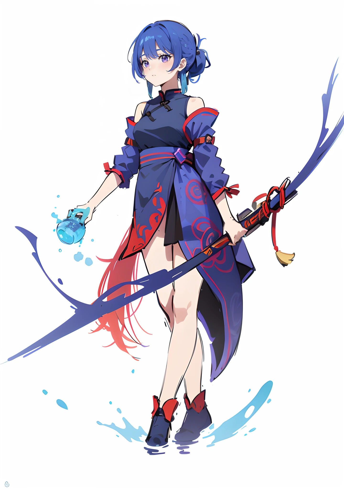 Blue-haired girl with long hair in a ponytail,Wearing a cheongsam with a purple body and a red tail,Longbow in hand,Use water element attacks