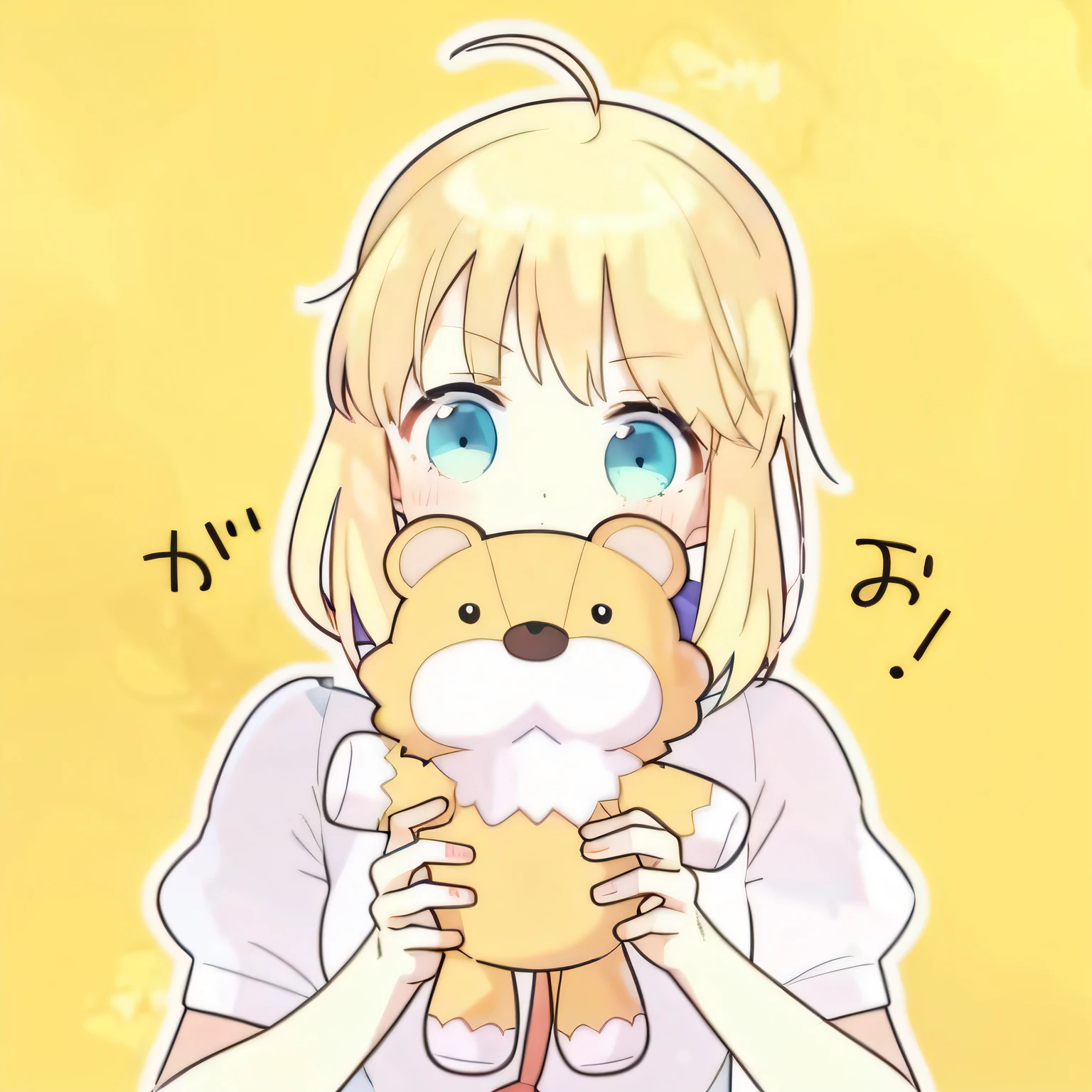 Anime girl holding teddy bear，There are Japanese characters on it, in an anime style, shirabii, DDLC, In anime style, shikamimi, umaru-chan, anime visual of a cute girl, plushies, cute anime catgirl, awww, Cute anime, senko-san, Holding a teddy bear, Cute anime style