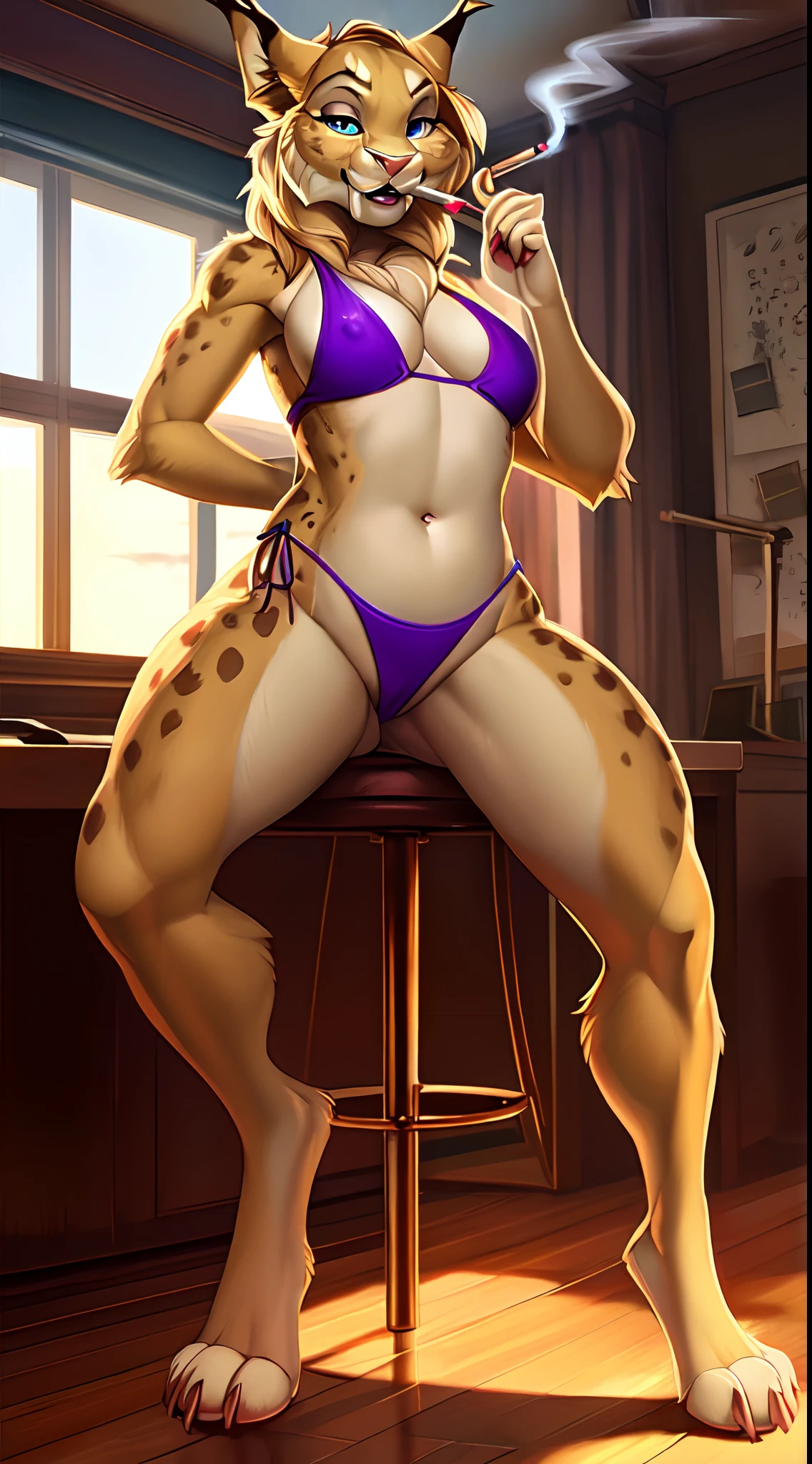 Uploaded on 621, by Pixelsketcher, by Bayard Wu, by Thomas Benjamin Kennington , by Einshelm, by Valkoinen:2, (realistic, ultra realistic):1.8, Jade the bobcat, Linx, female, furry anthro,  long cat ears, pink nose, (Detailed clear aquatic eyes:1.3), fangs, beige brown hair, (long fringes:1.5), ponytail, light tan body, extremely and very intricately detailed face, tuft of skin from the neck, (tomboy), real life, ((portrait)), sitting, spreading legs, dynamic pose, (very long lynx tail:1.4), (detailed lighting by Valkoinen), (fluffy fur), (detailed fur), (detailed skin), (smirk:1.1), perfect face, cinematic lighting, ((detailed office background, table, chair, window)), office, beautiful ambient, wide angle view, (half body shadow:1.3), [[crepuscular ray]], bare belly, discovered belly, navel, extremely and very intricately detailed furry paws with socks, perfect furry legs, perfect paws with socks, very detailed paws with socks, perfect eyes, semi covered ass, bottomless, [detailed ambient light], [gray natural lighting], [ambient light on the belly], (higher office and window detail), indoors, cityscape view and skyscrapers, [realistic proportions], [sharp focus], (shaded), ((masterpiece)), (((((wearing a sexy one piece bikini and striped socks, very sexy one piece bikini and striped socks, sexy one piece bikini and striped socks, one piece bikini and striped socks, sexy striped socks, extremely and intricately detailed femboy striped socks, extremely and very intricately detailed bikini, furry pawpads, perfect pawpads, professional drawn pawpads, smoking a cigarrette, smoking, detailed cigarrette))))), (looking at the viewer, smoking a cigarrette, smoking, detailed cigarrette, ((presenting, no panties, without underwear, no underwear, bottomless, bare ass, extremely and very detailed furry toes, perfect toes, perfectly drawn toes)))