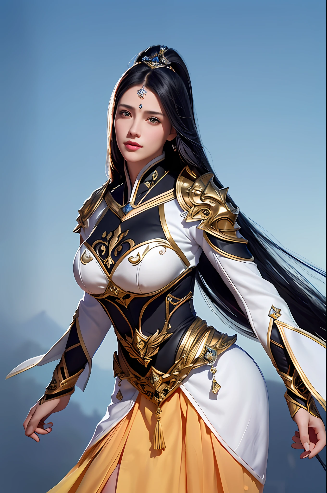 1girl, depth of field, official art, unity 8k wallpaper, ultra detailed, illustration, beautiful and aesthetic, masterpiece, best quality, knight, (big breasts), (milf, mature female), (black armor, armor, breastplate), beautiful face, (long hair, black hair, very straight hair:1.4, hime cut:1.4), blue eyes, cowboy shot, glowing skin, back lighting, athletic figure, muscular female, curvy, wide hips, colorful, looking at viewer, Hyperrealistic, gradient background, dark background, outline, fantasy, from the front, watercolor, traditional media, (chromatic aberration, intricate details)
