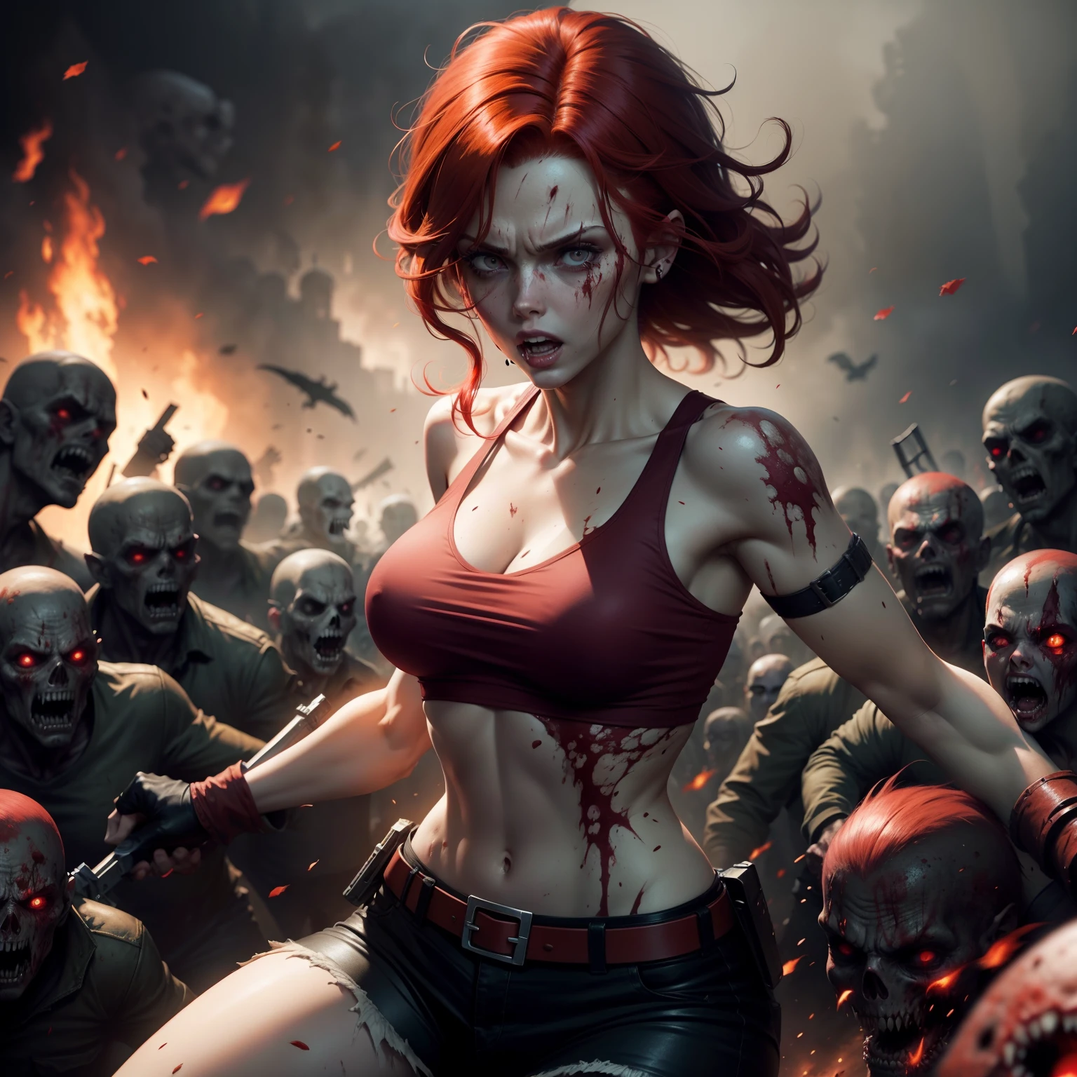 Red-haired woman fighting a horde of zombies in a zombie apocalypse