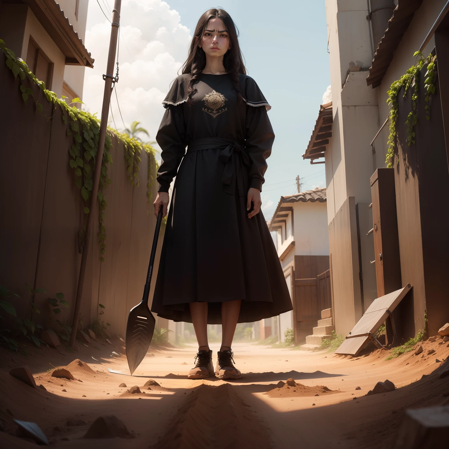 Someone standing, segundo uma flor, looking shovel screen,with a serious face,