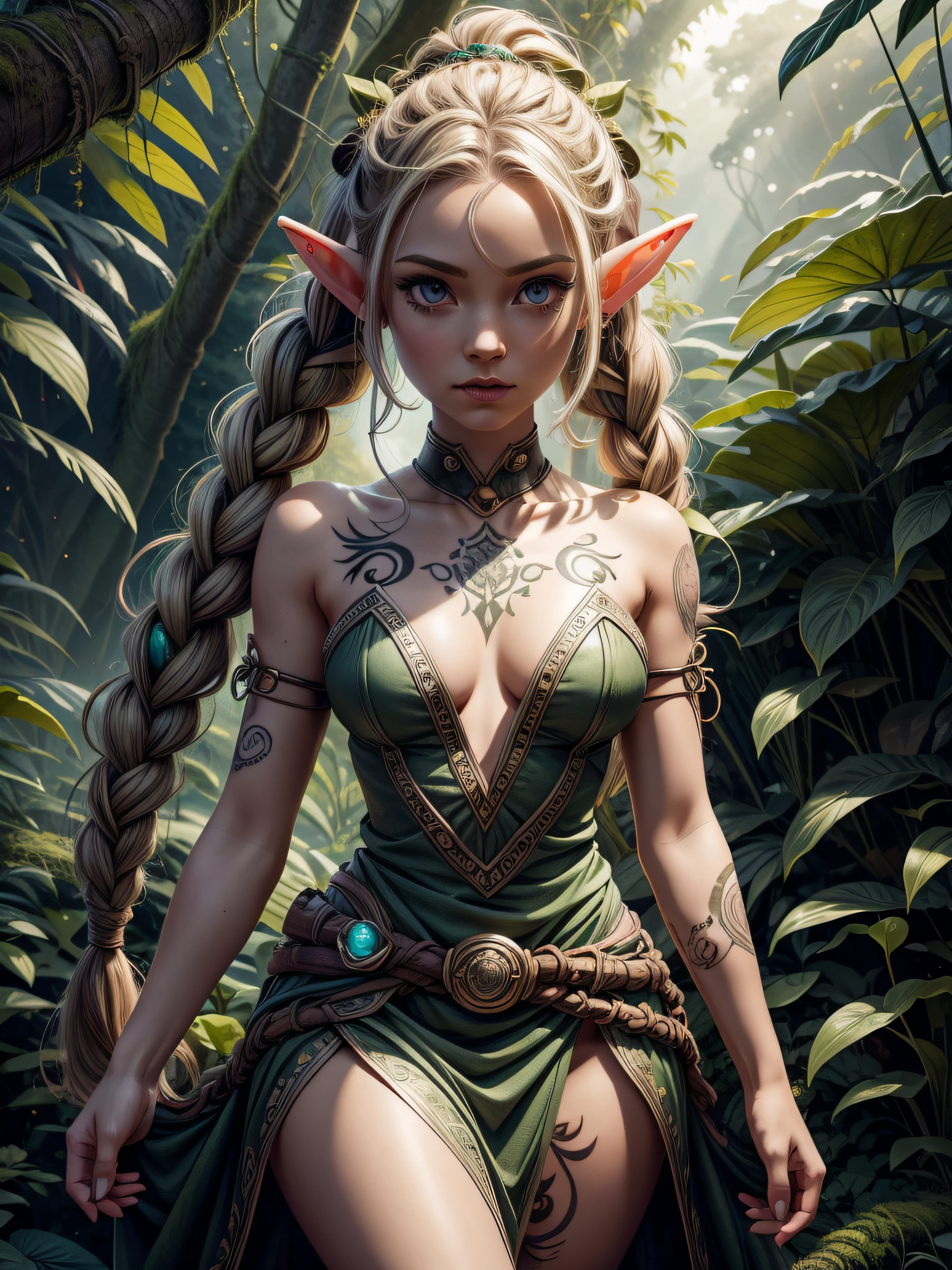 elf girl with nature manipulation power, (((manipulation power))), looking at viewer, piercing ear, tattoos on body, in a little elf tree house, wearing cute dress, long one braids hair, anime pose, full body, hyper detailed eyes, hyper detailed face 16k, 8k, RAW photo, best quality, masterpiece, high detail RAW color photo, dramatic lighting, cinematic lighting, back light, professional lighting