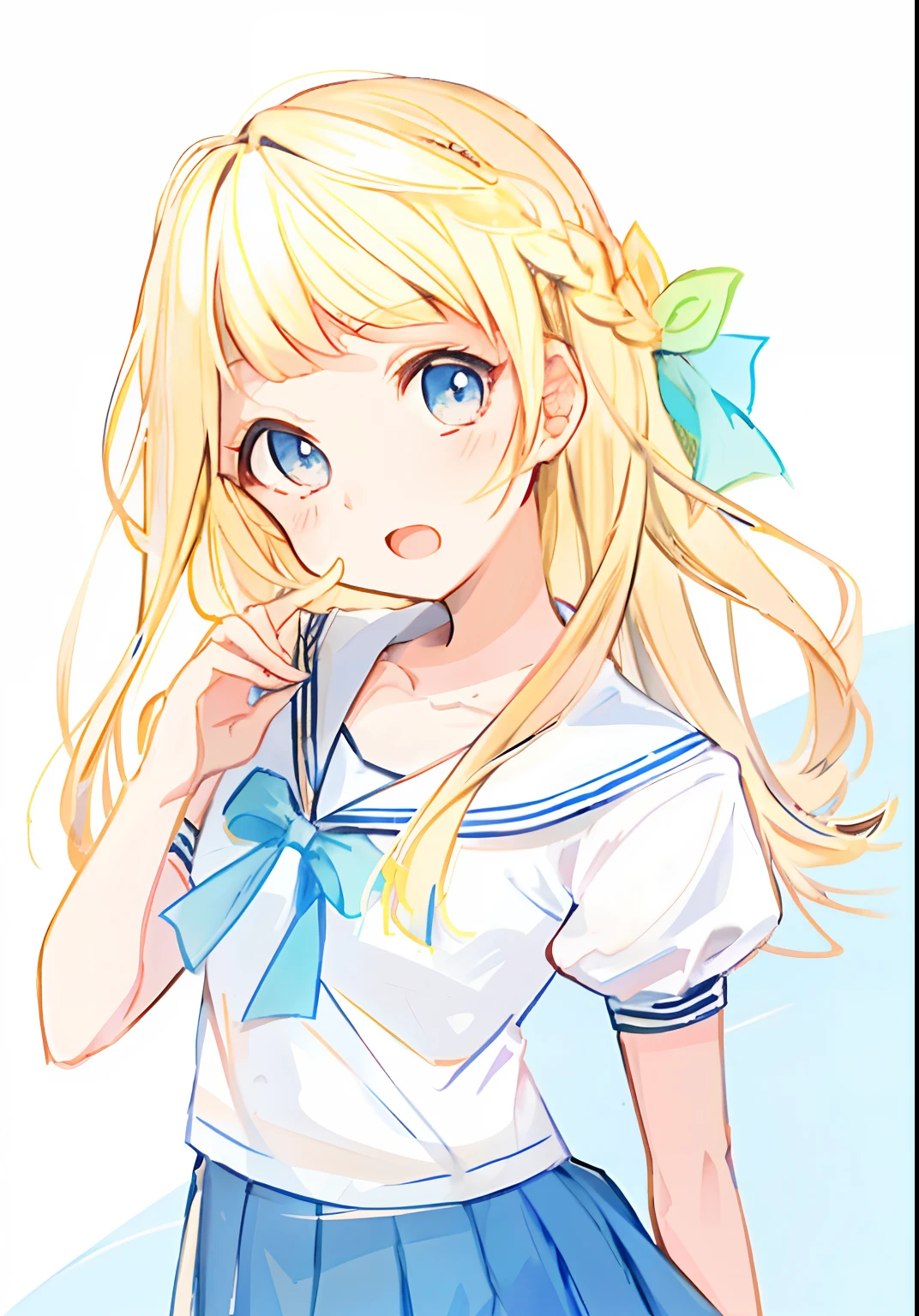 A cute girl,Blonde hair,The mouth opened slightly,pupils,white short sleeve,Pleated skirt in blue color