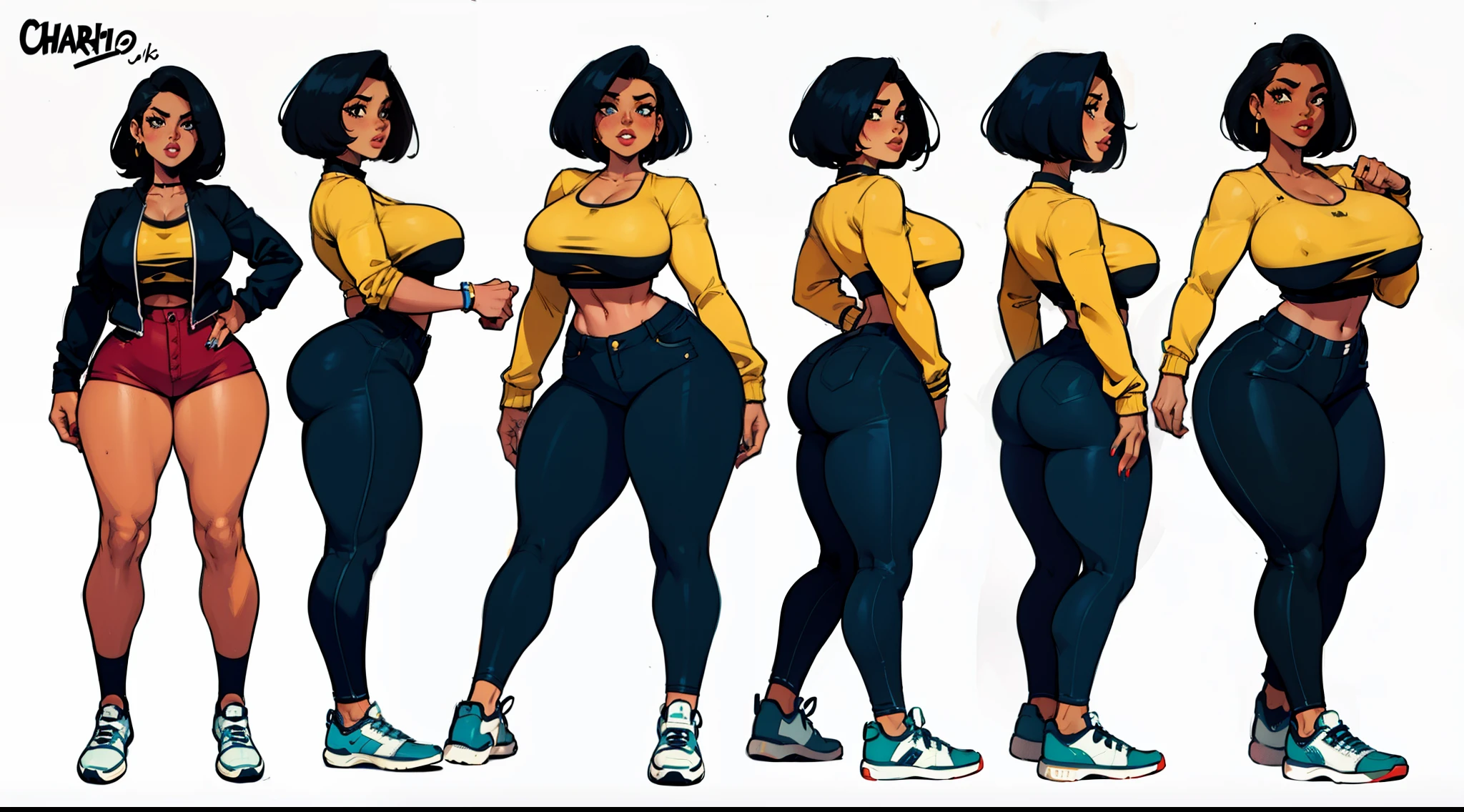 woman golden jacket detailed retro art , oversize, characher design sheet, sneakers, different poses, different angles