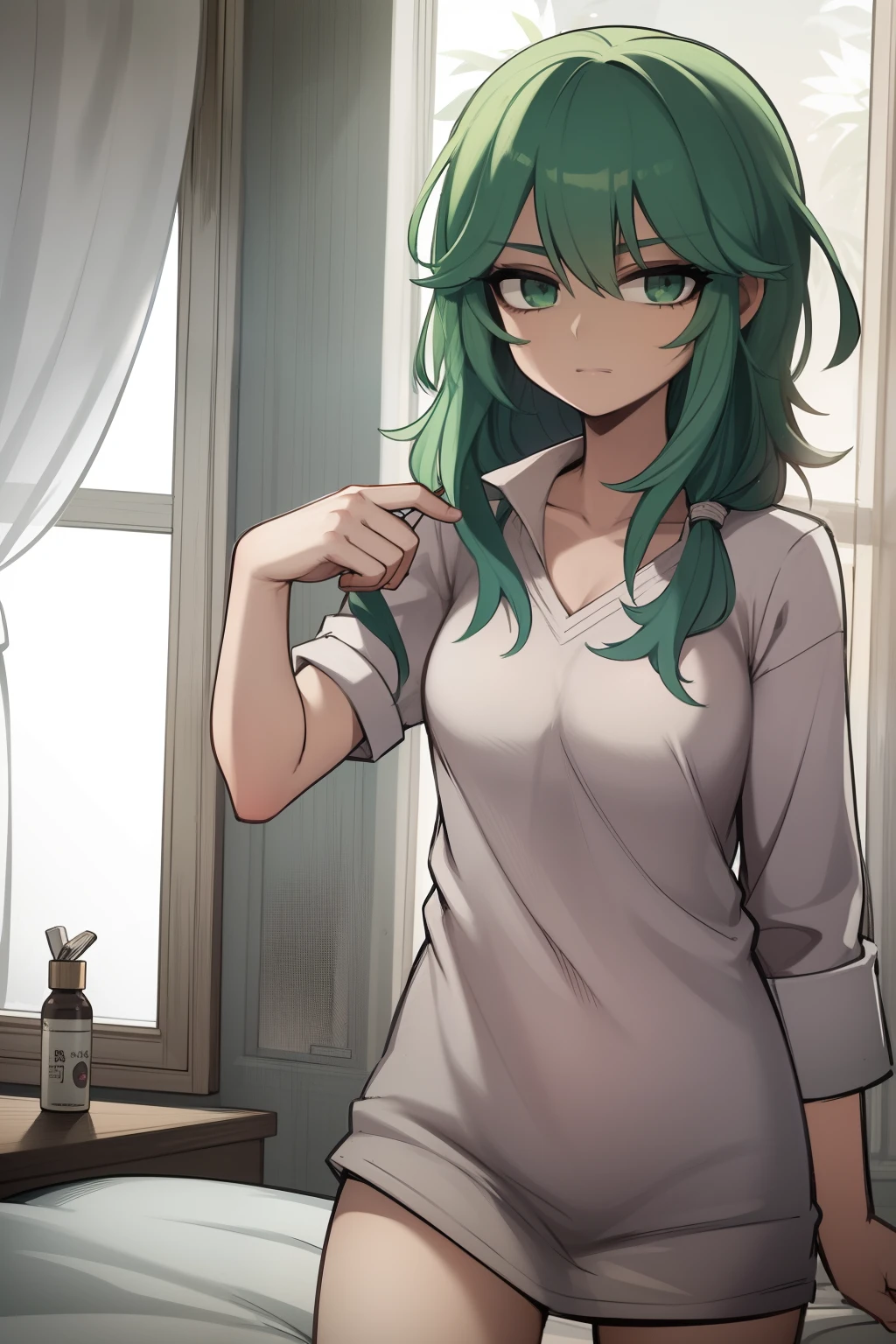light green hair, waking up in the morning.