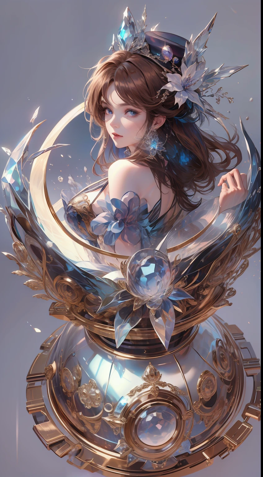 tmasterpiece,Highest high resolution,((magic orb)),Dynamic bust of beautiful aristocratic maiden,Brown chestnut hair elegantly coiled,((Wearing a huge blue hat)),Purple clear eyes,The hair is covered with beautiful and delicate floral craftsmanship, Crystal jewelry filigree,Ultra-detailed details,upscaled。