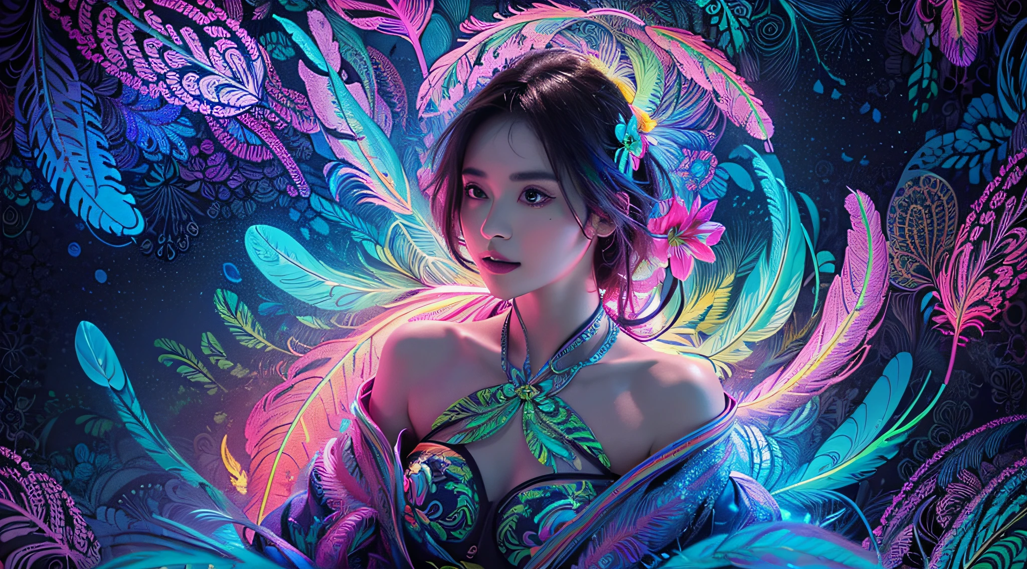 masterpiece, top quality, best quality, official art, beautiful and aesthetic:1.2), (1girl:1.3), extremely detailed,(fractal art:1.1)neon,(colorful:1.1)neon(flowers:1.3)neon,highest detailed,(zentangle:1.2)neon, (dynamic pose), (abstract background:1.3) neon, (shiny skin), (many colors:1.4)neon, (feathers:1.5), neonlight