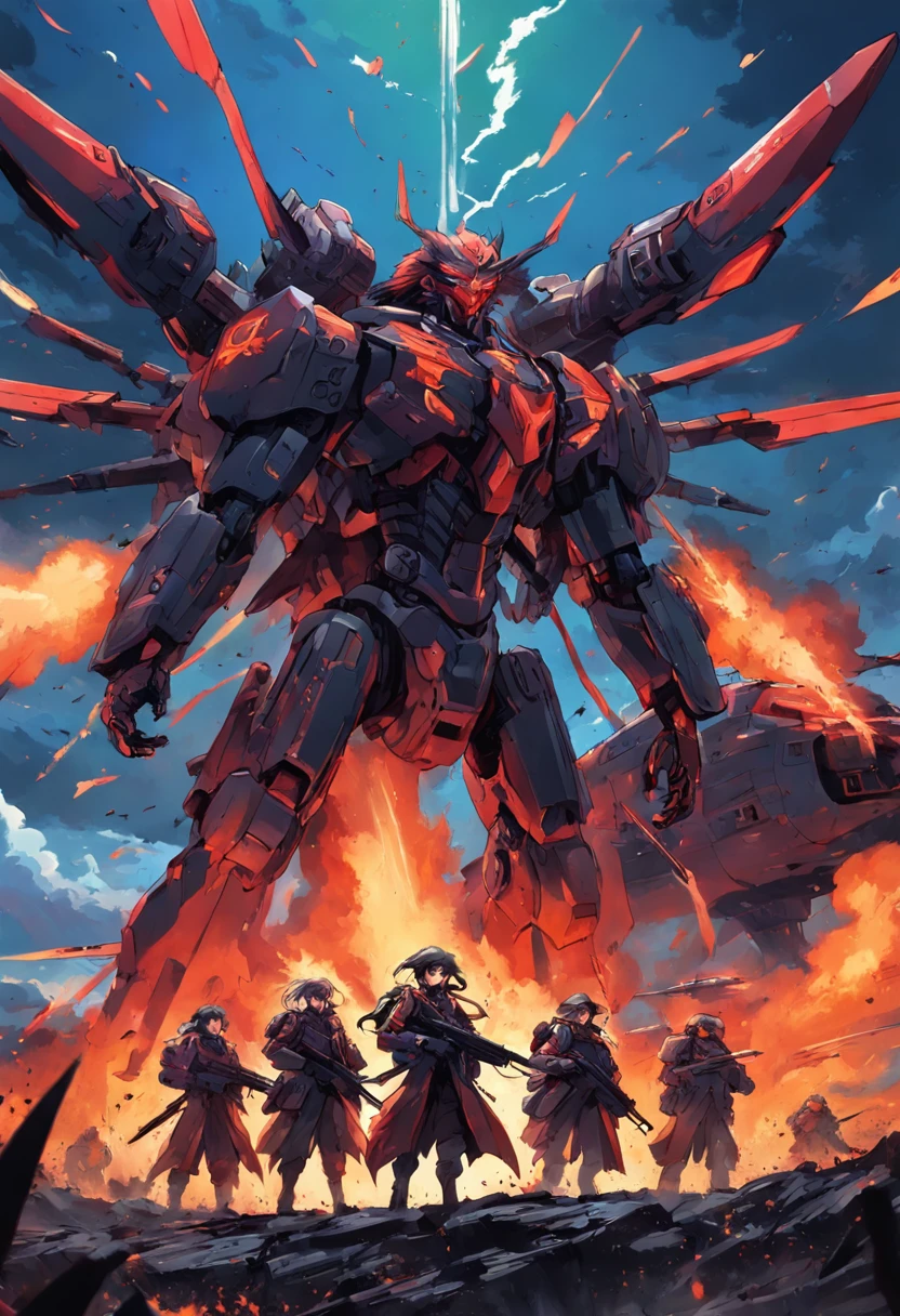 In the artwork, a long-haired elite squad stands amidst a hellish landscape. A helicopter takes off, relentlessly firing at the enemies below. The colors are vivid, the image is beautifully and sharply depicted, creating a sense of action and vibrancy.
