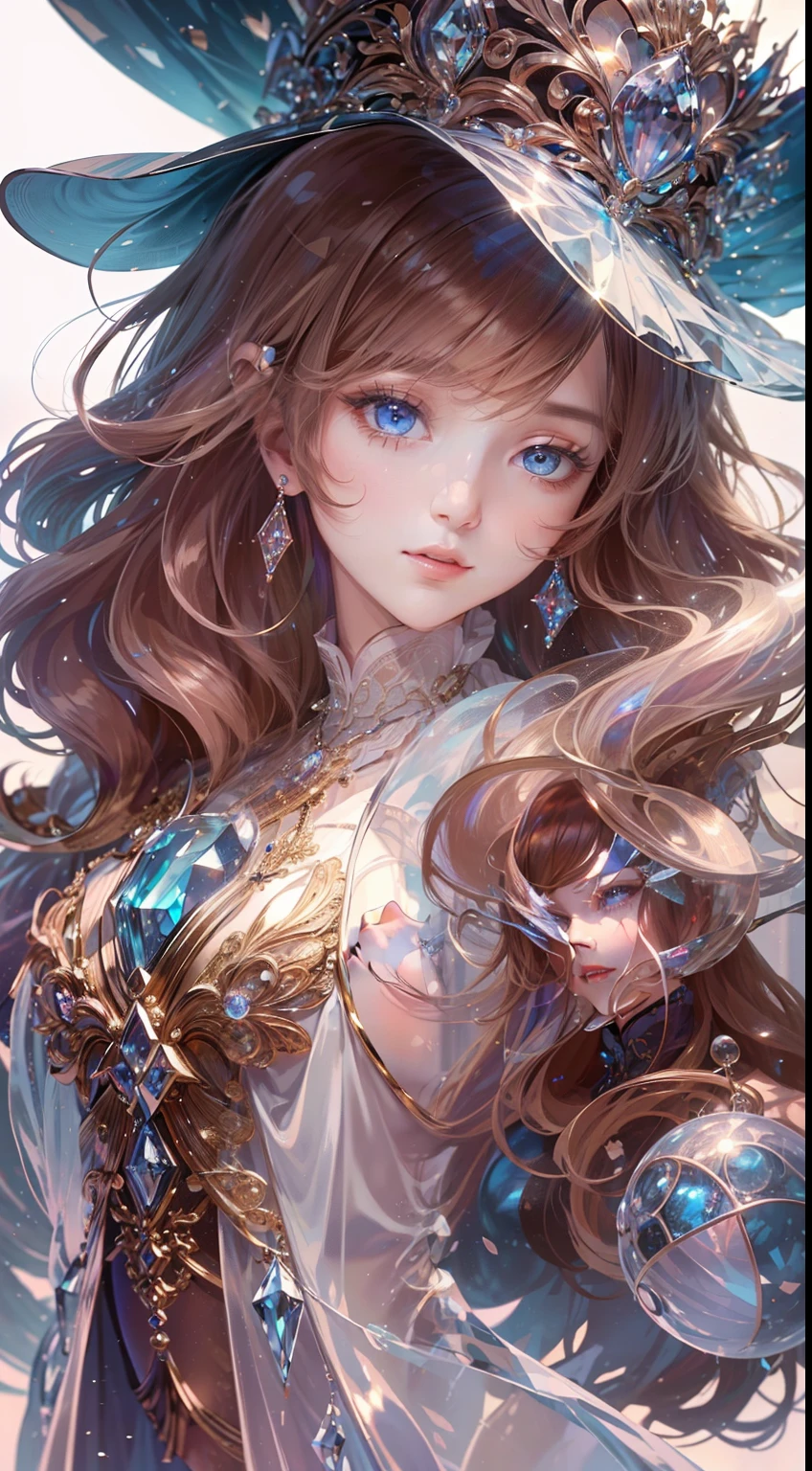 tmasterpiece，Highest high resolution，((magic orb))，Dynamic bust of beautiful aristocratic maiden，Brown chestnut hair elegantly coiled，（(Wearing a huge blue hat))，Purple clear eyes，The hair is covered with beautiful and delicate floral craftsmanship, Crystal jewelry filigree，Ultra-detailed details，upscaled。