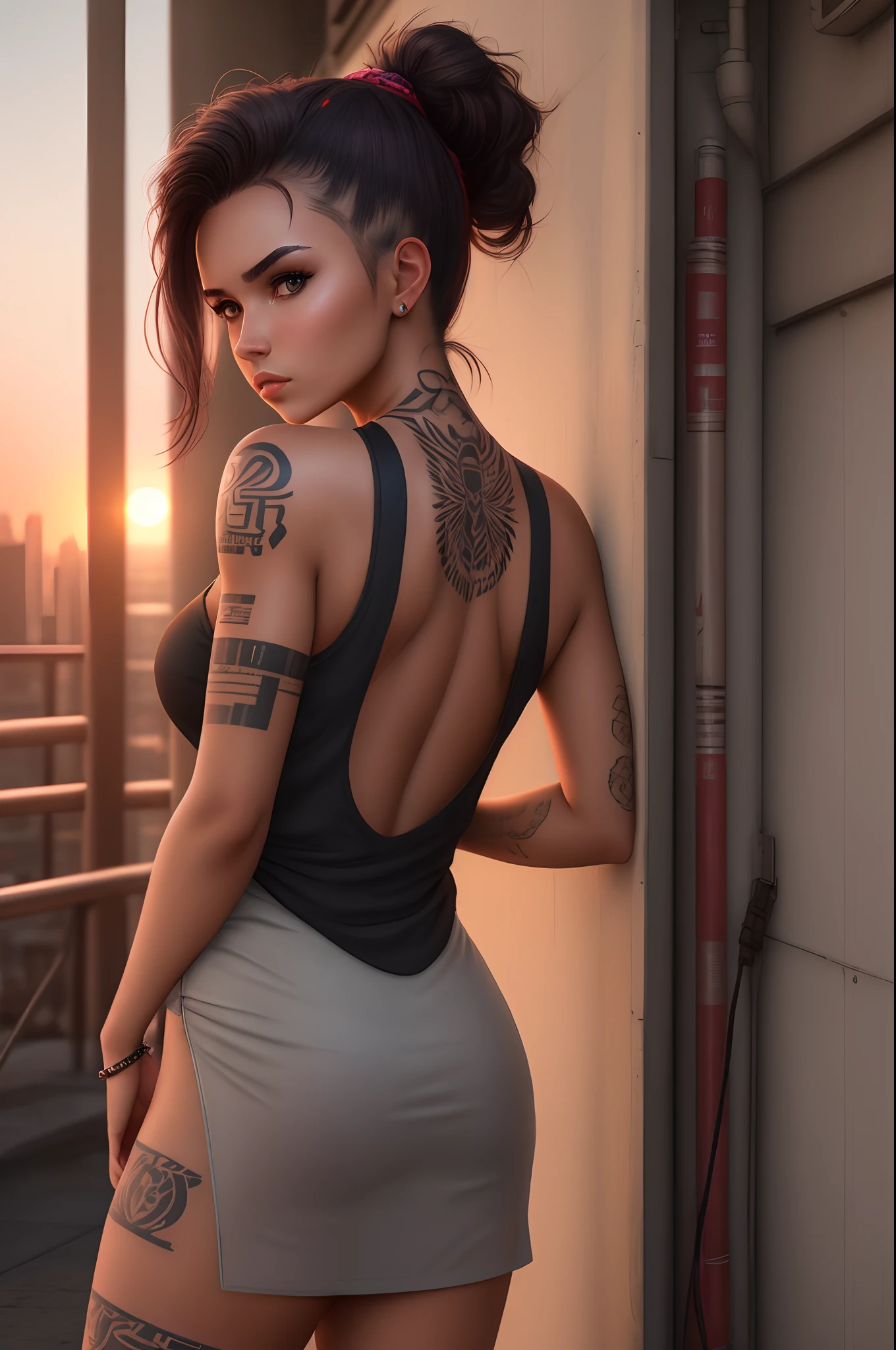 A beautiful young woman from behind showing her beautiful black intricate tattoo intricate tattoo design, only her back is visible, detailed background, grabbing colorful hanging fabrics, HD, 8K, jeans pants, very detailed and sharp, photorealistic, skin delicate, perfect lighting, dramatic composition, elegant pose, stunning background, cinematic atmosphere