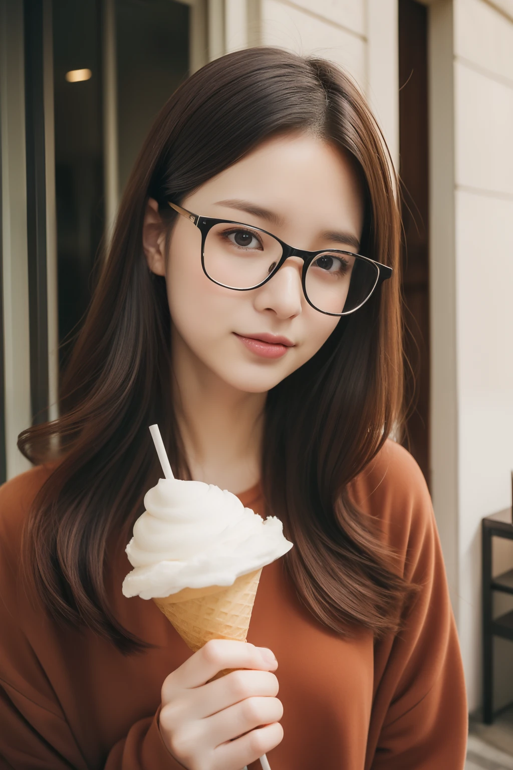 masterpiece、in 8K、Raw photography、(reallistic:1.4)、High-resolution mouth、The eyes are high definition、Shiny skin、big eye、Round face,Double eyes、Puffy eyes、Medium-breasted women、half-opened mouth、Provocative facial expressions、One lady、25-years old, selfee、Bold and obscene poses、Hands behind the head、The upper part of the body、Woman with glasses、film grains、Movie Light、expressioness: Calm expression,Gentle smile, Soft eyes,Plump,Okame Hairstyles: Long natural hair stands out: Posture in soft brown clothes: Stand quietly、Break a girl,Solo、University Indoor、Squint、Beautiful girl licking up a large soft-serve ice cream with her tongue、
