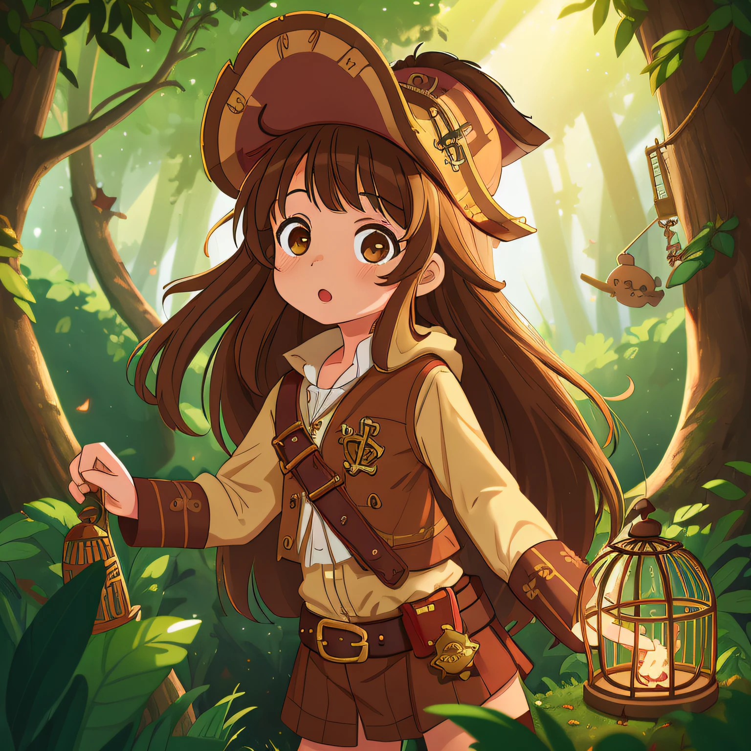 (best quality, high quality:1.3), CG, dramatic lighting, highly detailed, Bokeh, Lily, long brown hair, cute  girl dressed in daring pirate costume, inside cage in forest