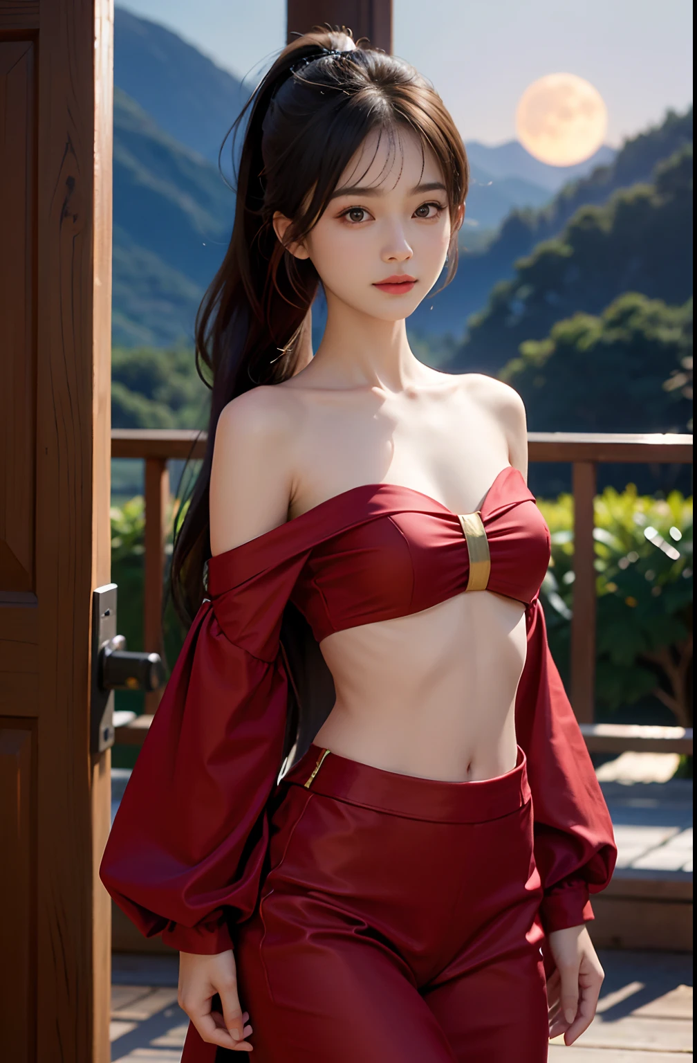 best qualtiy,sface focus,Look at the audience head-on,the soft light,(depth of fields),超高分辨率,(Photorealsitic:1.4),RAW photos,Bigchest,Red clothes,Open navel,Bare shoulders,By bangs,Long ponytail hairstyle,(sportrait:1.4),(From the front side)1girll,独奏,adolable,(Shy,ssmile:1.1),(with brown eye),Detailed beautiful face,(mid day_Hair), moon in the night,Walk,(off-the-shoulder shirts),