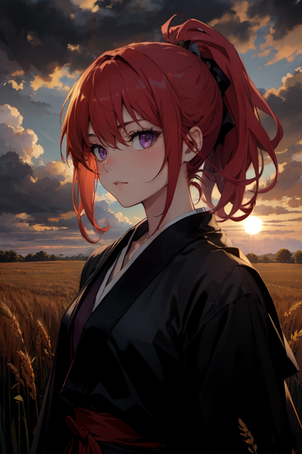 masterpiece, best quality, 1girl, portrait, red hair, ponytail, purple eyes, samurai, wheat landscape, sun, clouds, (neutral colors), (hdr:1.4)