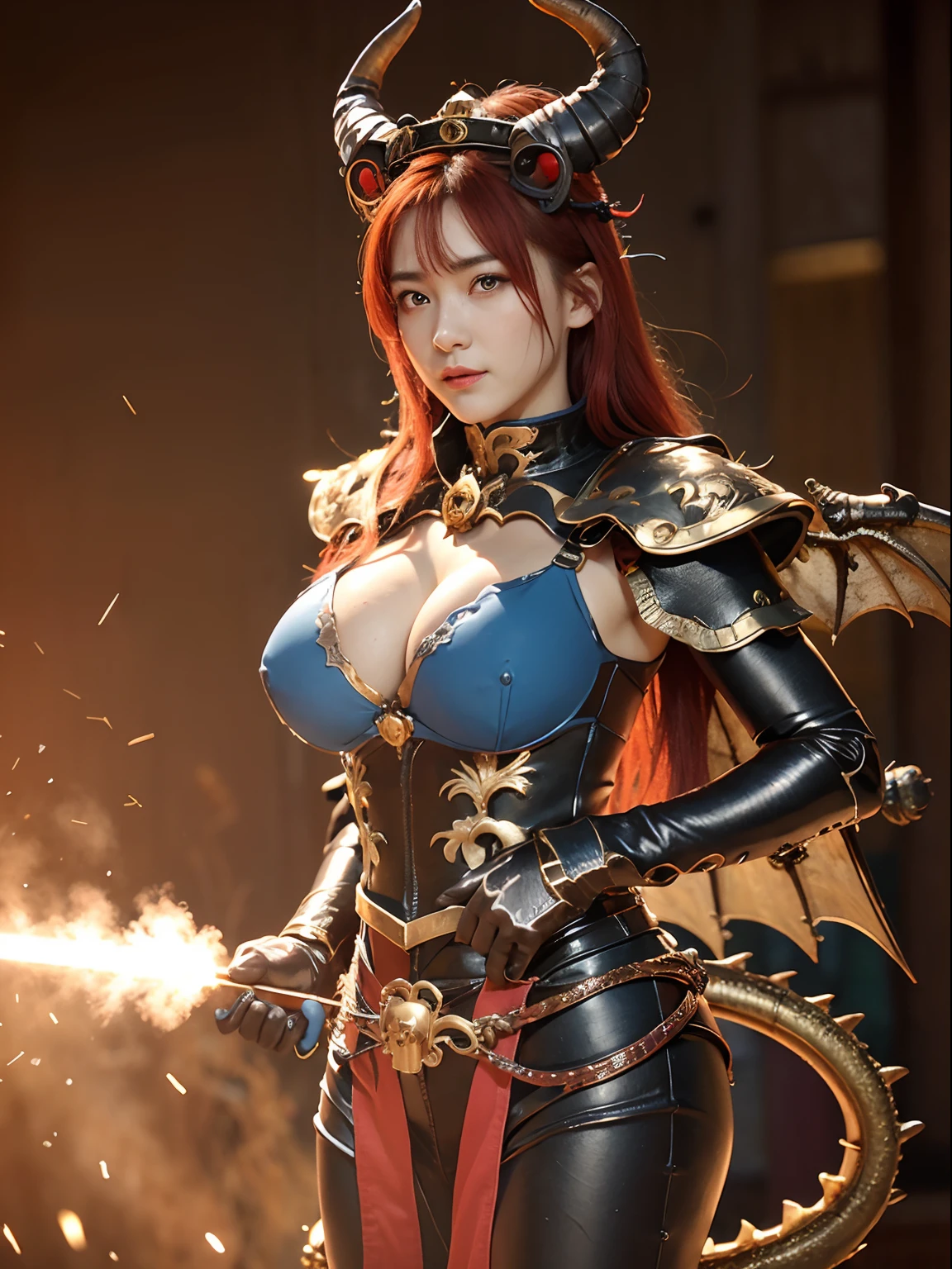 (masutepiece), Professional , masterpiece、top-quality、photos realistic , depth of fields 、(Dragon Black Metal Body:1.9),(Enamel blue-black、(cleavage of the breast)、Dragon Gold Weapon(Dragon Metal Body:1.4),Gorgeous gold weapons ,(( Dragon's dense and gorgeous sword)) , (demonic wings) ,warhammer 40k , adepta sororitas,Detail and gorgeous crown、((Red hair))、(Castle background)、((Gangle's forest background))、Beautiful Caucasian beauty、1a person、dynamic ungle,(((Two demon horns grow on his head)))、Smaller head、crazed smile、Castle background、Thin and beautiful female hands、cleavage of the breast、Soldier in iron armor on background、Mystical expression、Light Effects、intense fighting、Wind-effect、magic circles、With the legendary magic wand、Dragon's tail、