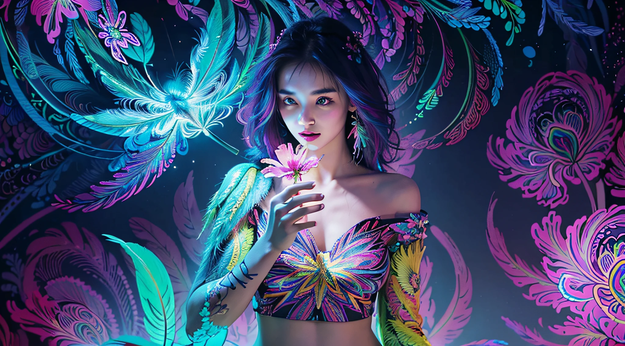 masterpiece, top quality, best quality, official art, beautiful and aesthetic:1.2), (1girl:1.3), extremely detailed,(fractal art:1.1)neon,(colorful:1.1)neon(flowers:1.3)neon,highest detailed,(zentangle:1.2)neon, (dynamic pose), (abstract background:1.3) neon, (shiny skin), (many colors:1.4)neon, (feathers:1.5), neonlight