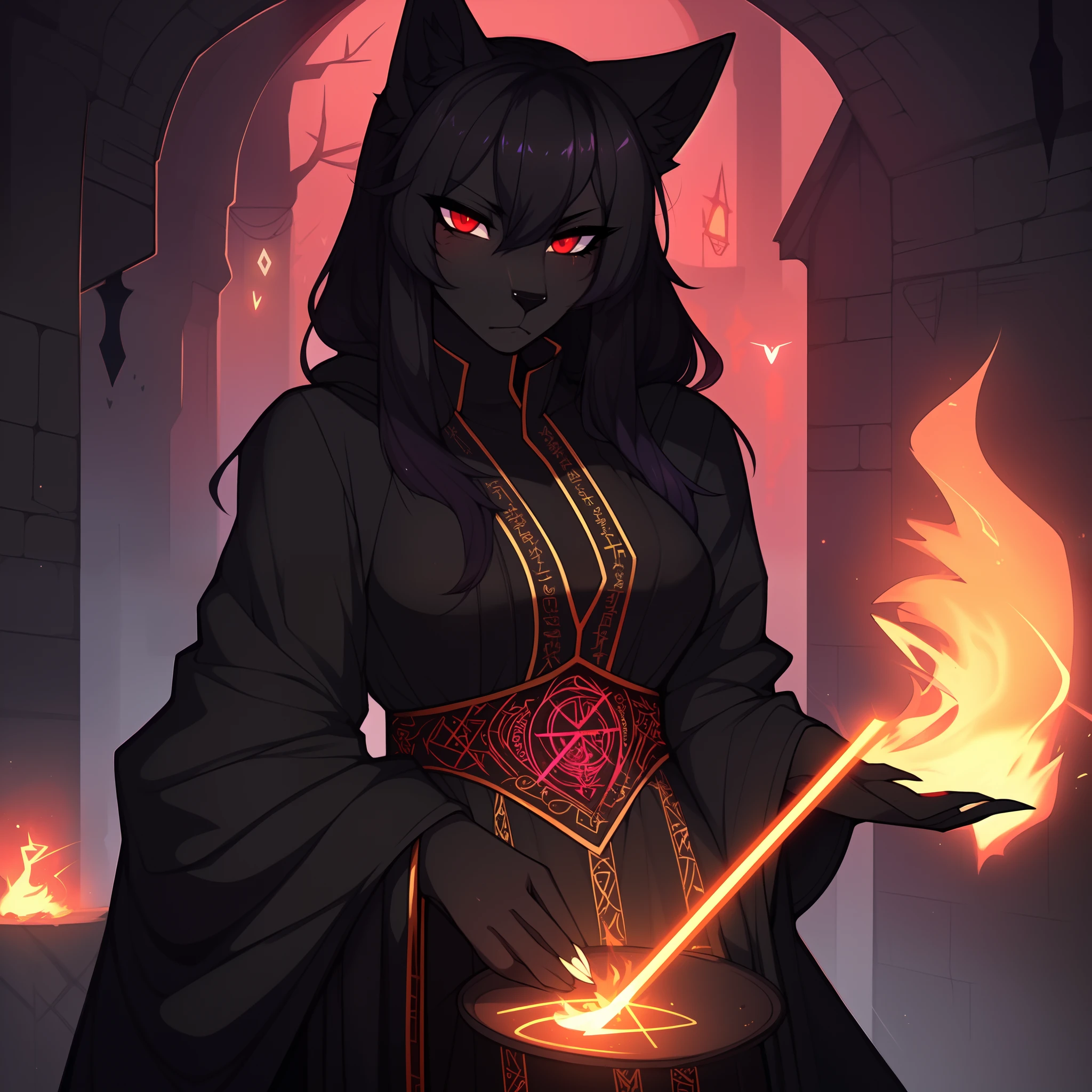 By claweddrip, by hyattlen, by fumiko, a cute female all black wolf, long black hair, black_furry_body:1.2, luminescent red eyes, fluffy black ears, black wolf tail, tall, good anatomy, highly detailed, cute snout, clearly drawn eyes, angry eyes, wide eyed, wearing intricate grand wizard robe, dark purple robe, runes on robe trimming, surrounded by fire and lightning, floating magic rune symbols, in a dark creepy village, spacious detailed background, good anatomy, good proportions, portrait, close up,