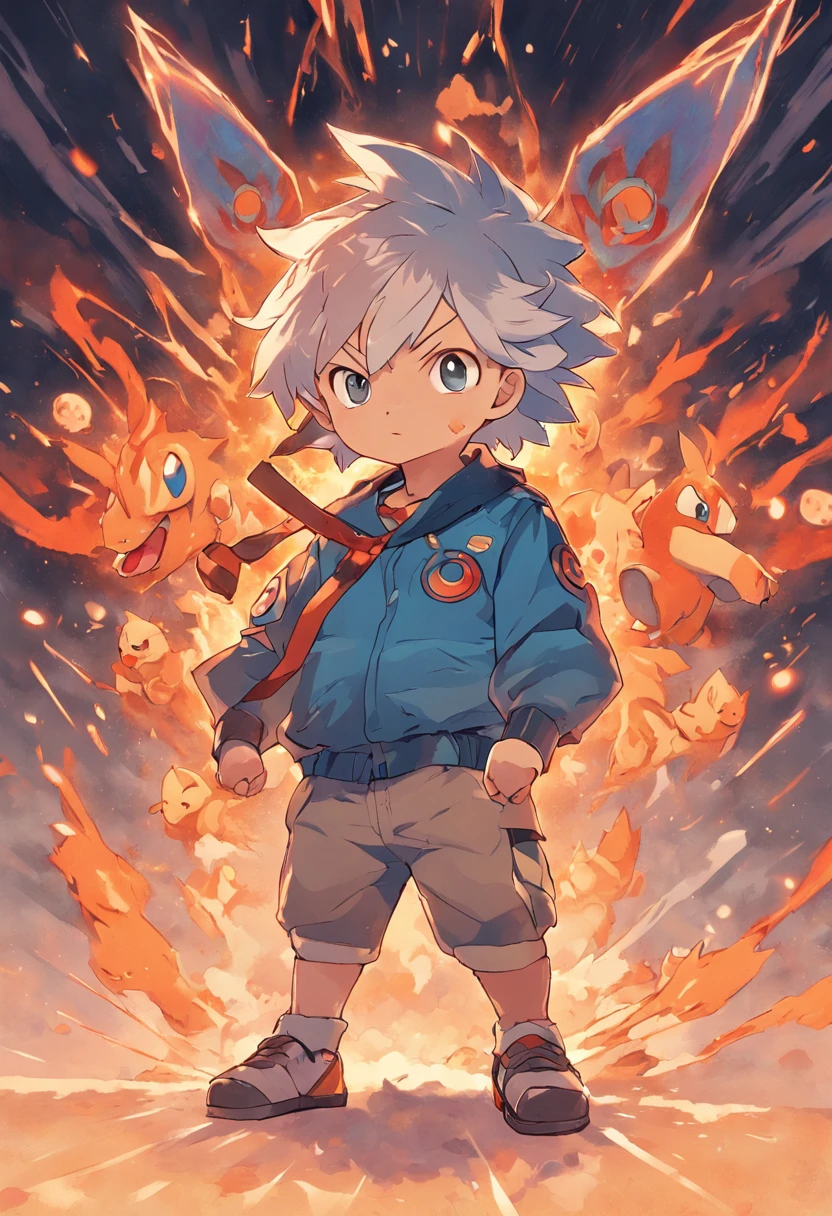 White male cat with orange ears and orange tail in the style of an electric pokemon. 2d anime style