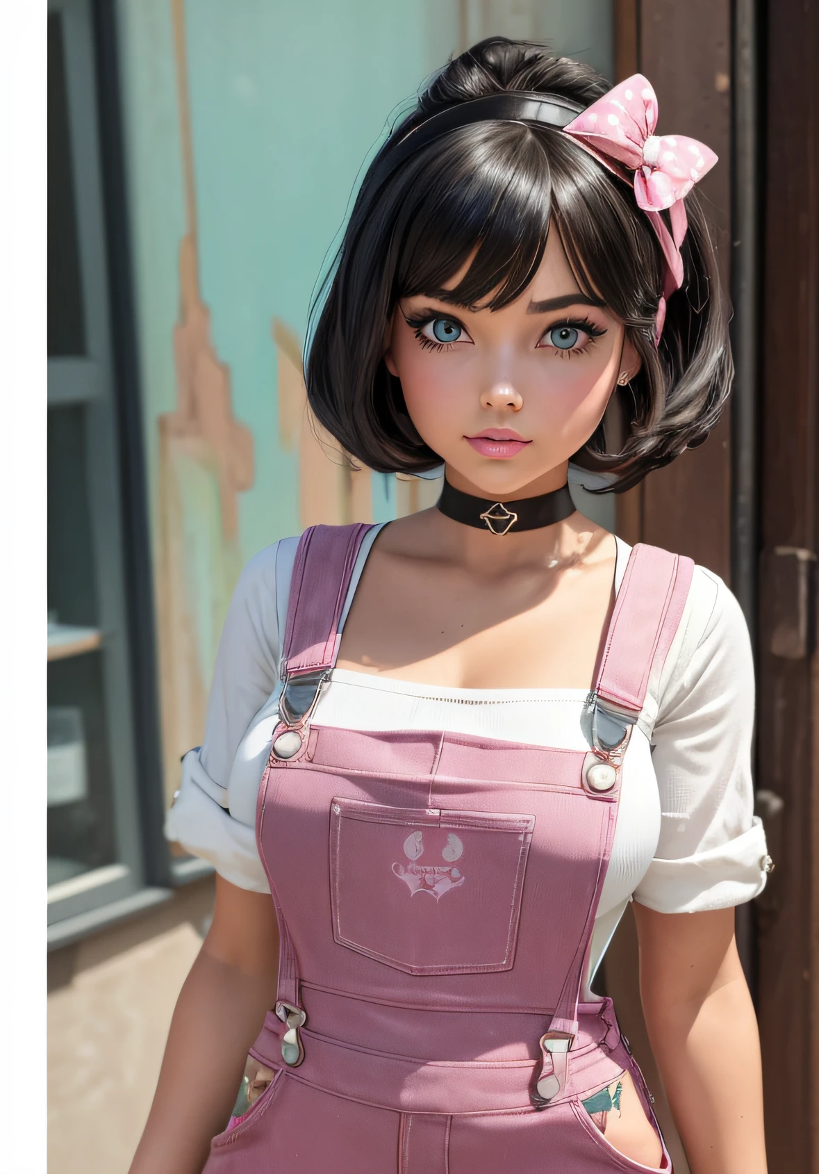 Ultra High Res, High Res (Masterpiece: 1.4), Hyper Detail, 1  Girl Front Looking At Viewer, InboxDollPlaySetChiron Style, ((Medium Shot: 1.7)), No Humans, Doll, Toy, Black_Barbie, Giftboxed, character print, ((black hair)), medium length hair, ((light brown eyes: 1.7)), (((wears detailed pink artist painter overalls and matching accessories: 1.5))), ((bodysuit she is wearing has paint splatters: 1.6) ), ((quite an artist in drawing: 1.8) ), pink sparkles, sparkles, Barbie pink theme, beautiful girly Barbie, full lips, chapped lips, heavy makeup, smoky eyes, detailed eyes, pretty face, 3DMM, style InboxDollPlaySetQuiron, margot robbi