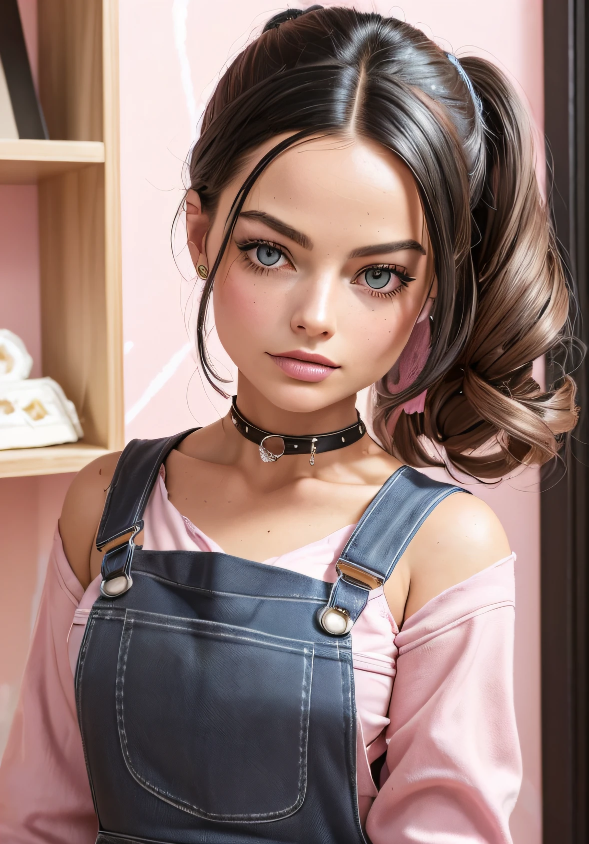 Ultra High Res, High Res (Masterpiece: 1.4), Hyper Detail, 1 Girl Front Looking At Viewer, InboxDollPlaySetChiron Style, ((Medium Shot: 1.7)), No Humans, Doll, Toy, Black_Barbie, Giftboxed, character print, ((black hair)), medium length hair, ((light brown eyes: 1.7)), (((wears detailed pink artist painter overalls and matching accessories: 1.5))), ((bodysuit she is wearing has paint splatters: 1.6) ), ((quite an artist in drawing: 1.8) ), pink sparkles, sparkles, Barbie pink theme, beautiful girly Barbie, full lips, chapped lips, heavy makeup, smoky eyes, detailed eyes, pretty face, 3DMM, style InboxDollPlaySetQuiron, margot robbie,