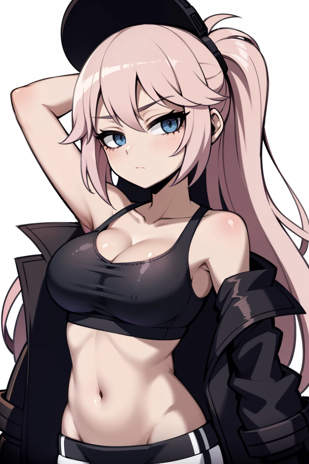 light pink hair, black sports bra