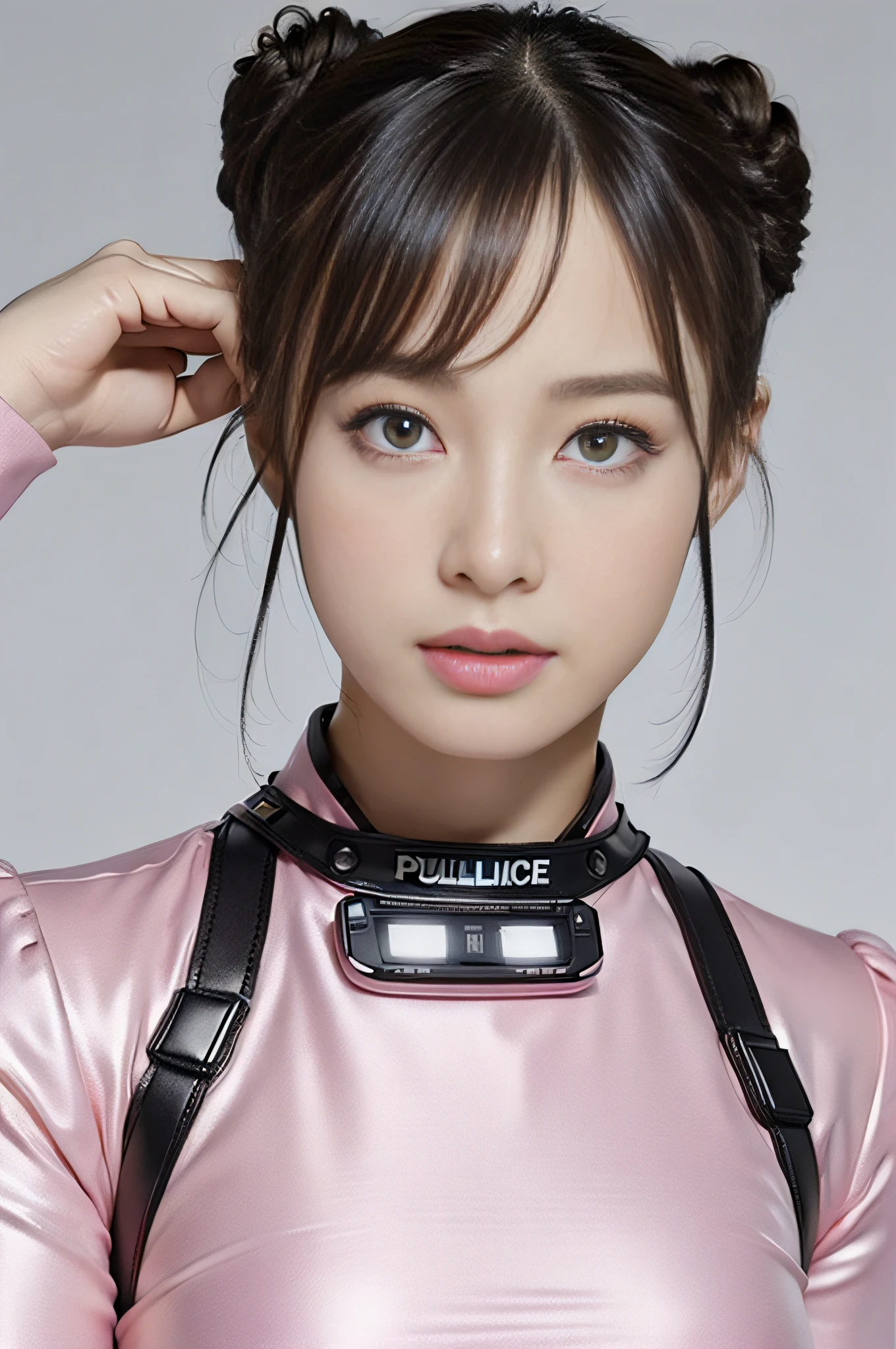 (Top Quality, Ultra High Definition, Photorealistic: 1.4), (close up:1.6, focus on face), 1 Beautiful Girl, (Kpop Idol), Detailed Face, (Pink updo-style:1.3), Contrapposto, Smooth Skin, Perfect Anatomy, Professional Lighting, ((wearing Futuristic Police Racing Suits, police wappen, High-tech Headset, military harness, racing gloves, handgun)), ("POLICE", Cloths color based on silver pink black white), (background, crashed cars, fire, (Explosion)),