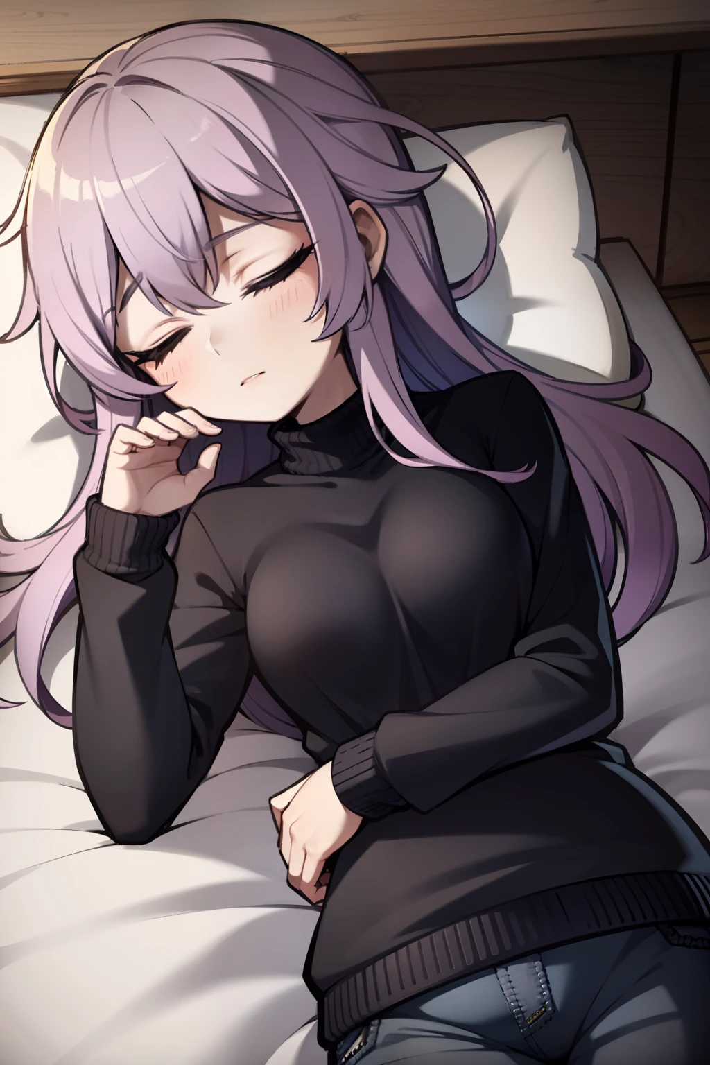 light purple hair, black sweater, sleeping