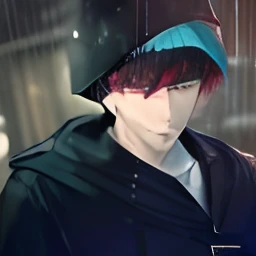 kk, best quality, more details, masterpiece, 1boy, kaneki ken, portrait, male focus, red eyes, solo, bangs, looking at viewer, hood, short hair, rain, tokyo tokyo \(city\),  hood up, nail polish, white hair, luxurious, 8k, detailed, ray tracing, depth of field, cinematic lighting,