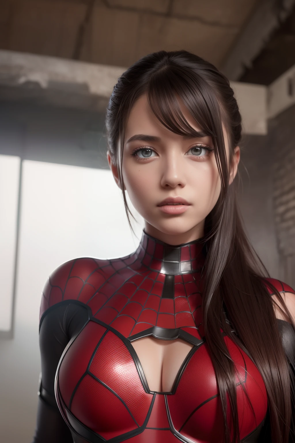 (1girl:1.3), solo, (((extremely detailed face))),(((extremely detailed eyes and face))),beautiful detailed eyes,body-parts__, official art, unified 8k wallpaper, super detailed, beautiful and aesthetic, beautiful, masterpiece, best quality, raw, masterpiece, super fine photo, best quality, super high resolution, photorealistic realism, sunlight, full body portrait, amazing beauty,, dynamic pose, delicate face, vibrant eyes, (from the front), she is wearing a Spider-man suit, red and black color scheme, spider, very detailed abandoned warehouse background, Detailed face, detailed complex busy background, messy, gorgeous, milky white, highly detailed skin, realistic skin details, visible pores, sharp focus, volumetric fog, 8k uhd, DSLR, high quality, film grain, fair skin, photo realism, lomography, huge metropolis in future dystopia, seen from below, translucent