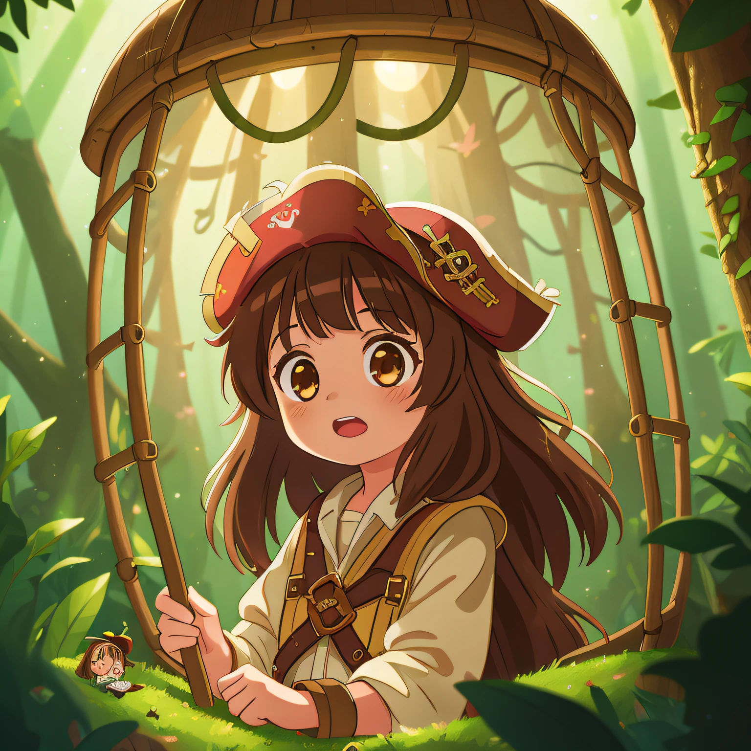 (best quality, high quality:1.3), CG, dramatic lighting, highly detailed, Bokeh, Lily, long brown hair, cute 10 year old girl dressed in daring pirate costume, trapped inside a cage in the forest