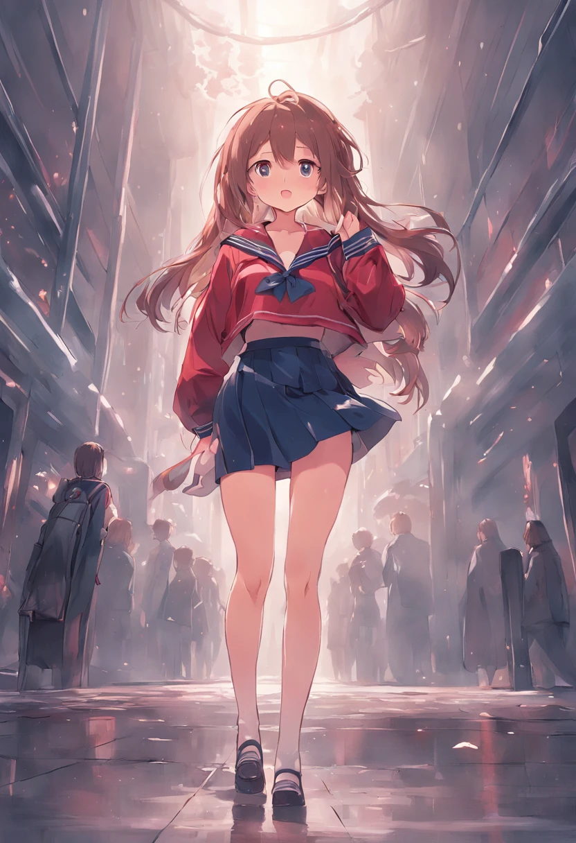 prety woman、Sareme、Chestnut hair、length hair、Smooth skin、vivd colour、Embarrassing、red blush、Navy blue sailor suit、hi-school girl、Shy laughter、Colossal tits、Eloy、Holding a black leather bag in his left hand、、big breasts thin waist、a miniskirt、Bundled hair、Standing High School Girl、Uchi shoes、Looking at the camera、Body frontal、chubby
