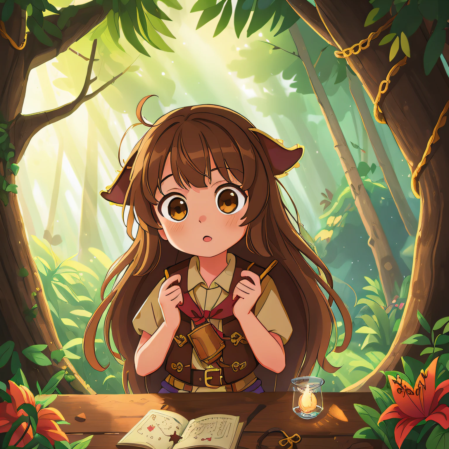 (best quality, high quality:1.3), CG, dramatic lighting, highly detailed, Bokeh, Lily, long brown hair, cute 10 year old girl dressed in daring pirate costume, trapped inside a cage in the forest, solving a puzzle with a determined look