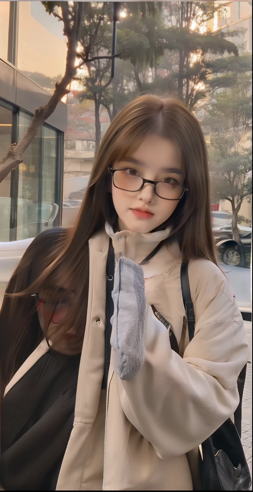 brunette color hair,Black pupils,s girl,With black-framed glasses